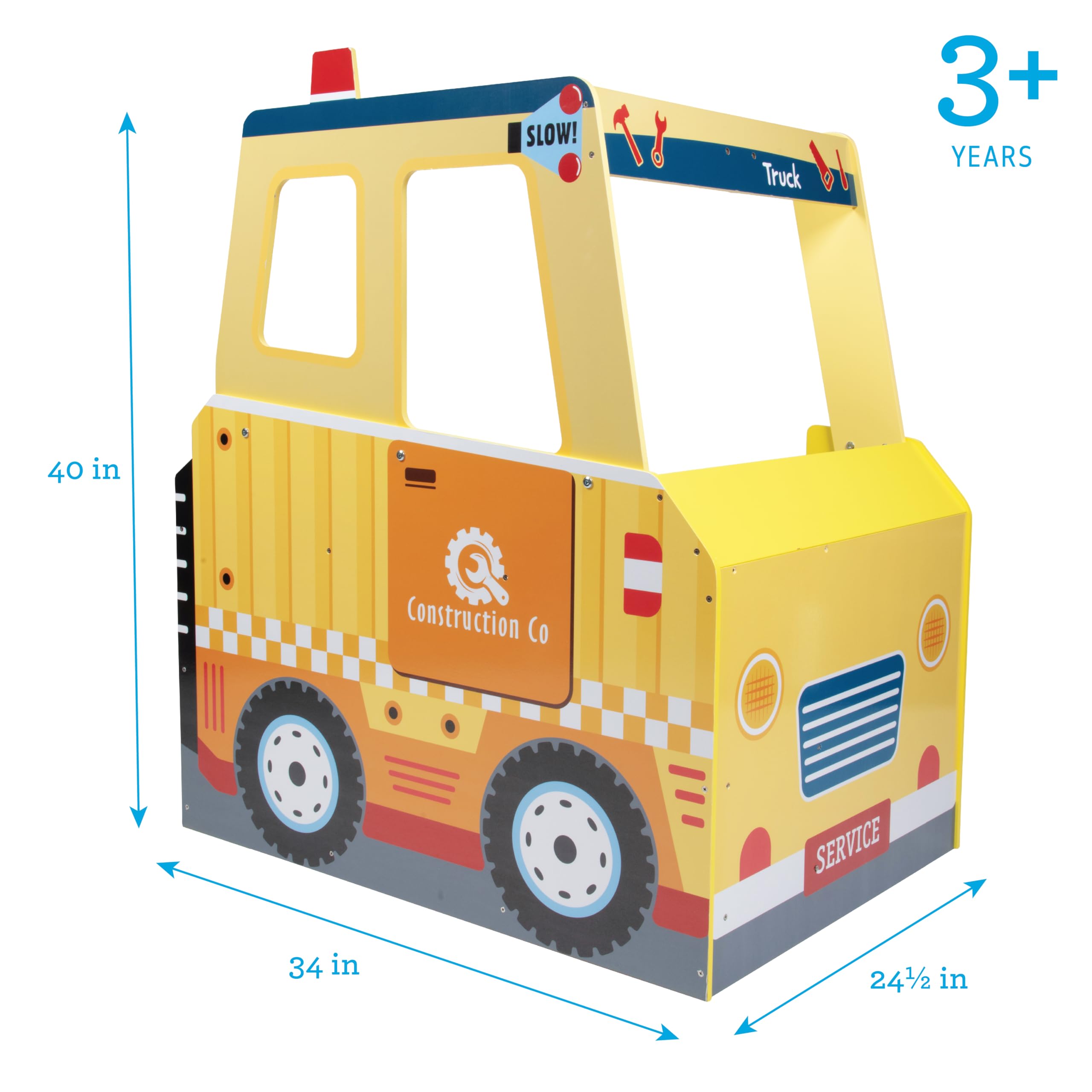 Construction Truck Wooden Playset with 60+ Toy Pieces - Pretend Play Hammer, Saw, Bolts & Screws - Spinning Turn Saw & Steering Wheel - Dual-Sided Play Stand & Workbench - Perfect Kids Gift for Building & Pretend Play - Great for Indoor Playtime & STEM Learning