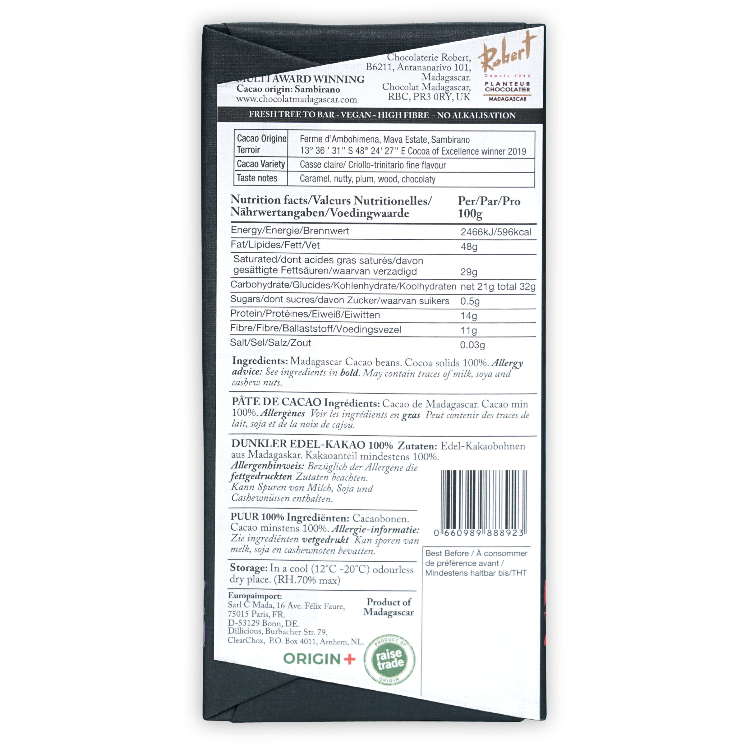 Premium Madagascar Dark Chocolate Bar 100% Cocoa - Rich & Intense Flavor for Gourmet Desserts, Baking & Healthy Snacking
