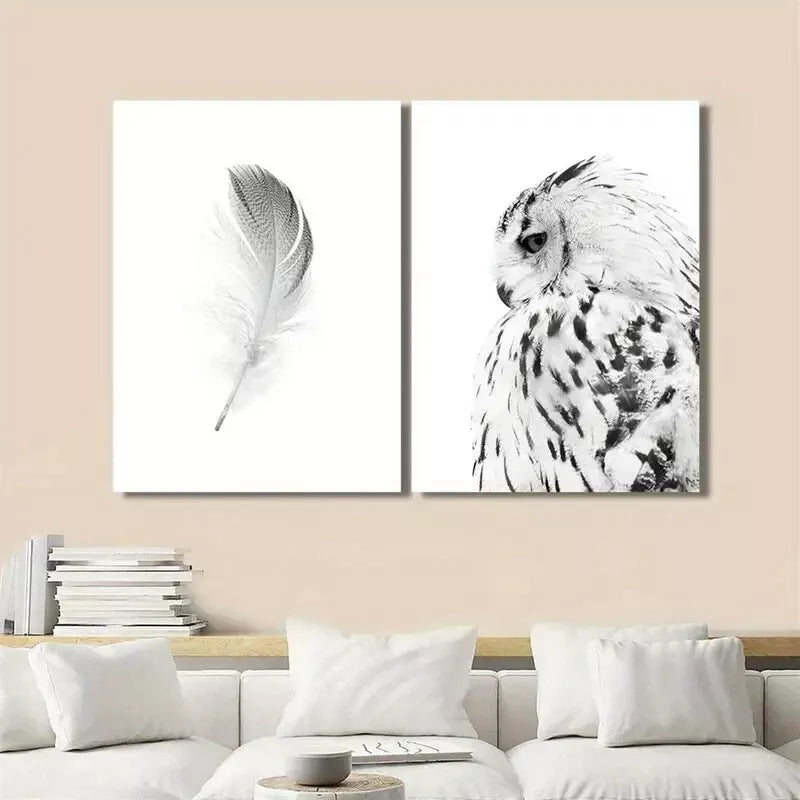 2PCS Owl Black and White Animal Feather Painting Canvas Wall Art - 50x75cm Framed High Quality Print - 100% Australian Made - Ready to Hang - Perfect for Living Room, Bedroom & Office Decor