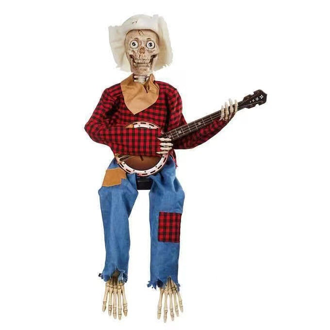 Spooky Halloween Banjo Skeleton Decor - Scary Musical Skeleton Prop for Halloween Party, Haunted House, and Outdoor Yard Decoration