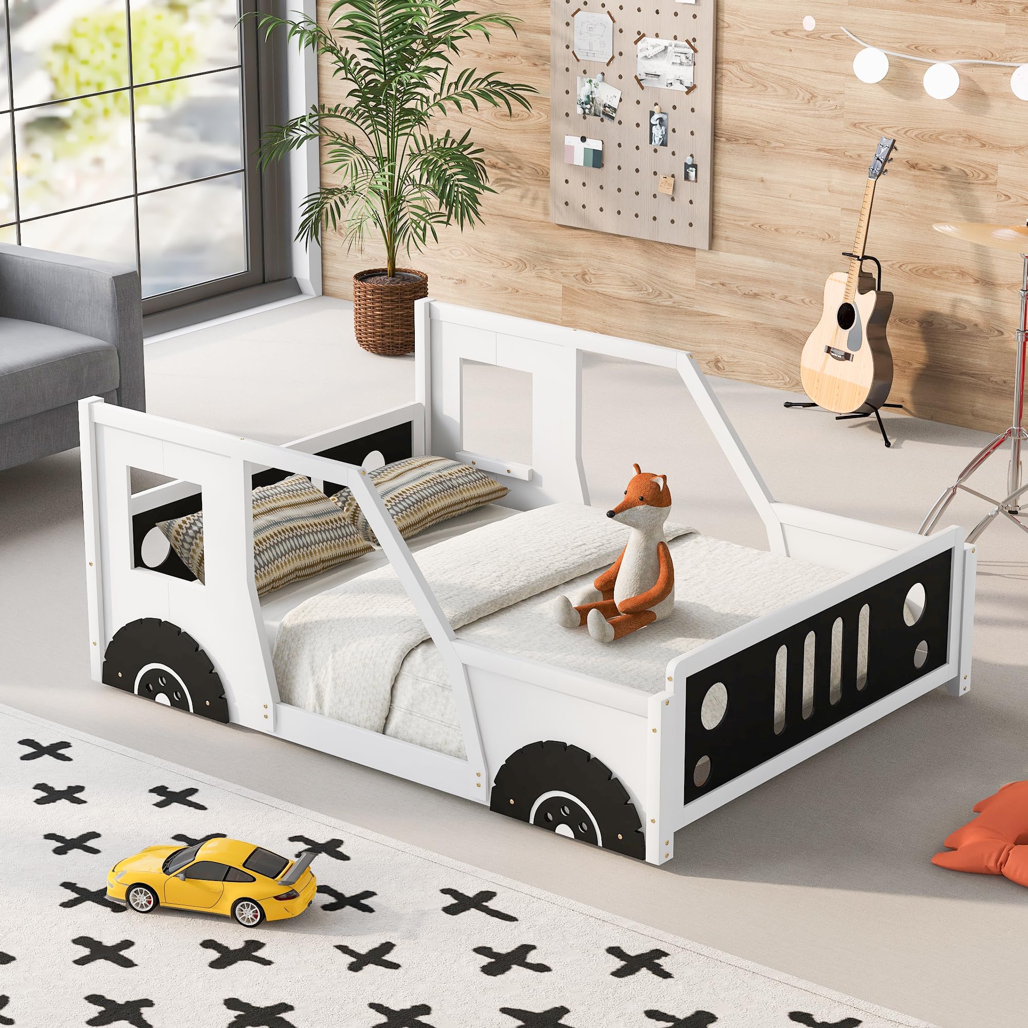 Bellemave Full Size Kids Car Bed - Wooden Platform Bed Frame with Wheels for Boys & Girls, Lightning McQueen Style (White+Black) - Perfect for Montessori Bedrooms, Playrooms & Racecar Themed Decor