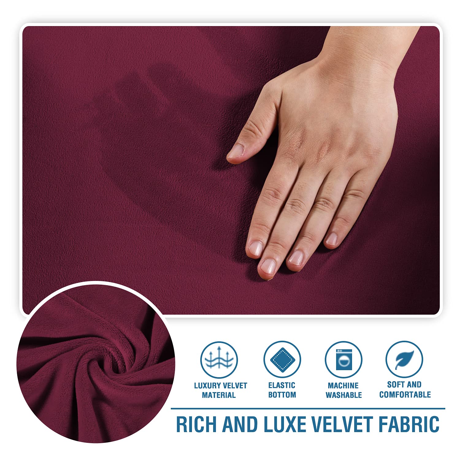 H.VERSAILTEX Stretch Velvet 3-Piece Sofa Slipcover Set - Soft T-Cushion Covers for 3-Seat Couch, Burgundy Red Velour Fabric with Non-Slip Design | Perfect for Living Room, Sectional Sofa & Home Decor