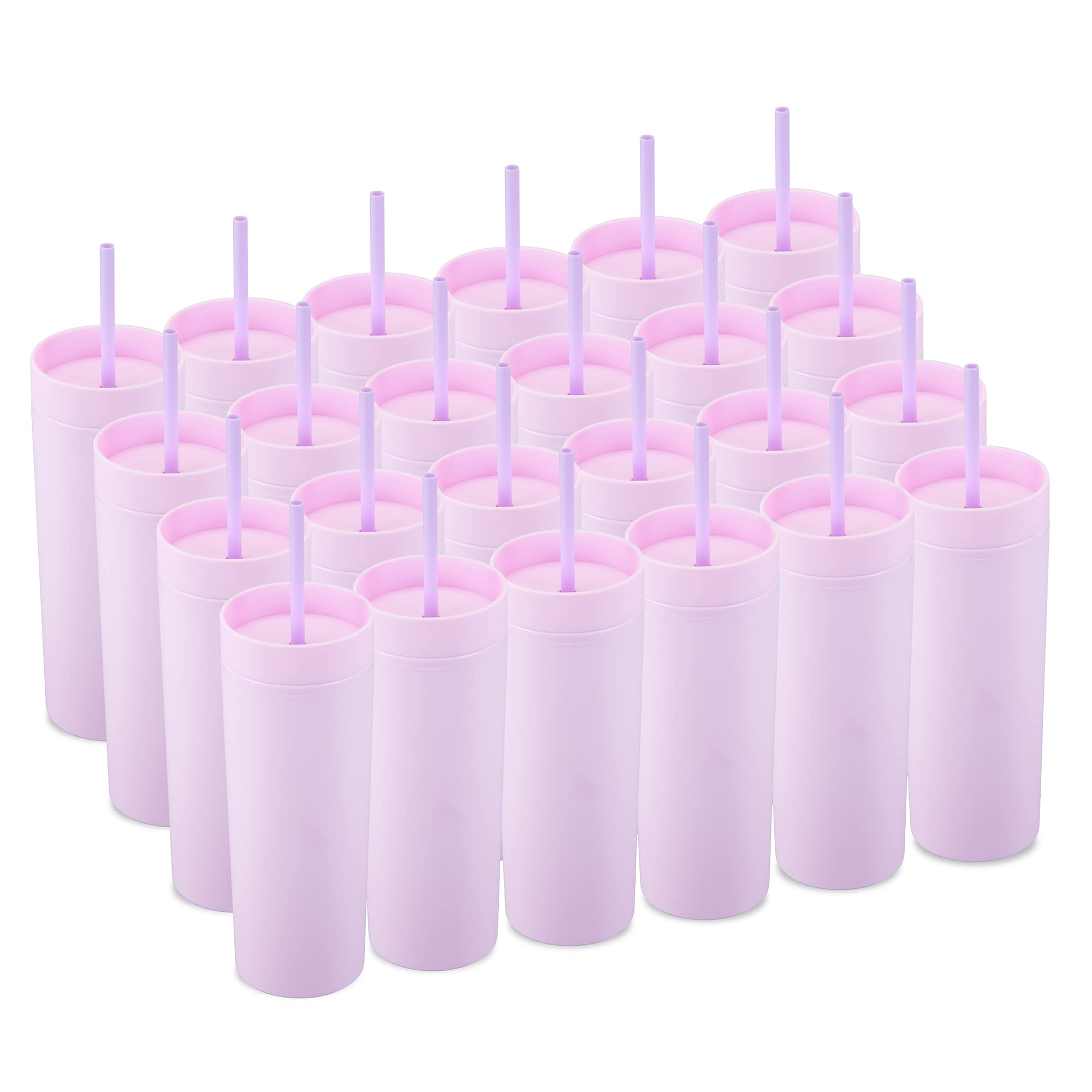 MEWAY 20oz Skinny Tumblers 24 Pack - Double Wall Acrylic Tumbler with Lid & Straw, Matte Pastel Reusable Plastic Cups for Parties, Birthdays, DIY Customization Gifts (Pink, 24-Piece Set) - Perfect for Summer Drinks, Iced Coffee, Smoothies & Home Entertaining
