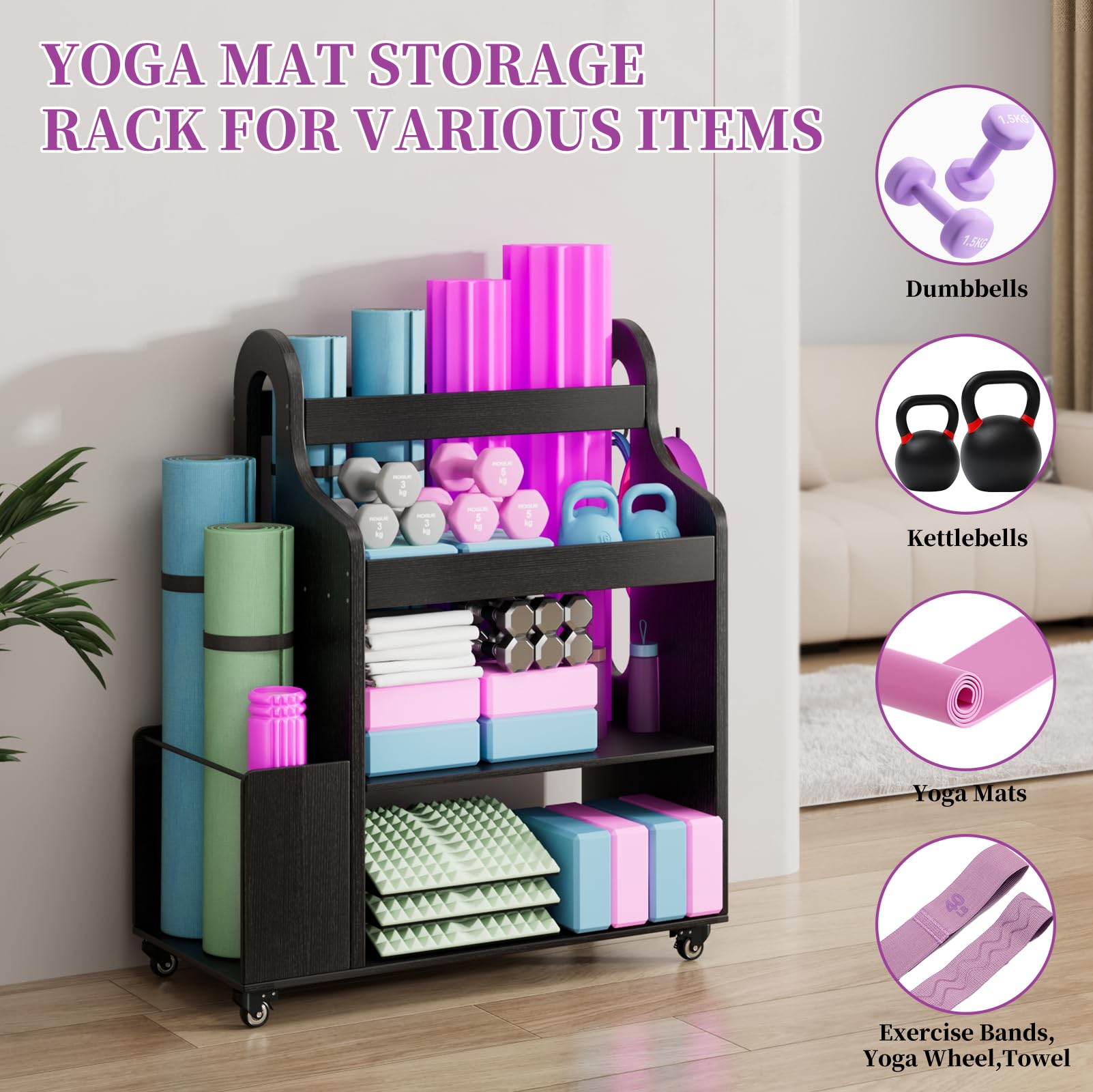 Dumbbell Weight Rack with Wheels & Hooks - All-in-One Home Gym Storage Organizer for Dumbbells, Yoga Mats, Foam Rollers - Space-Saving Workout Equipment for Home Exercise & Yoga Studio (Wooden)