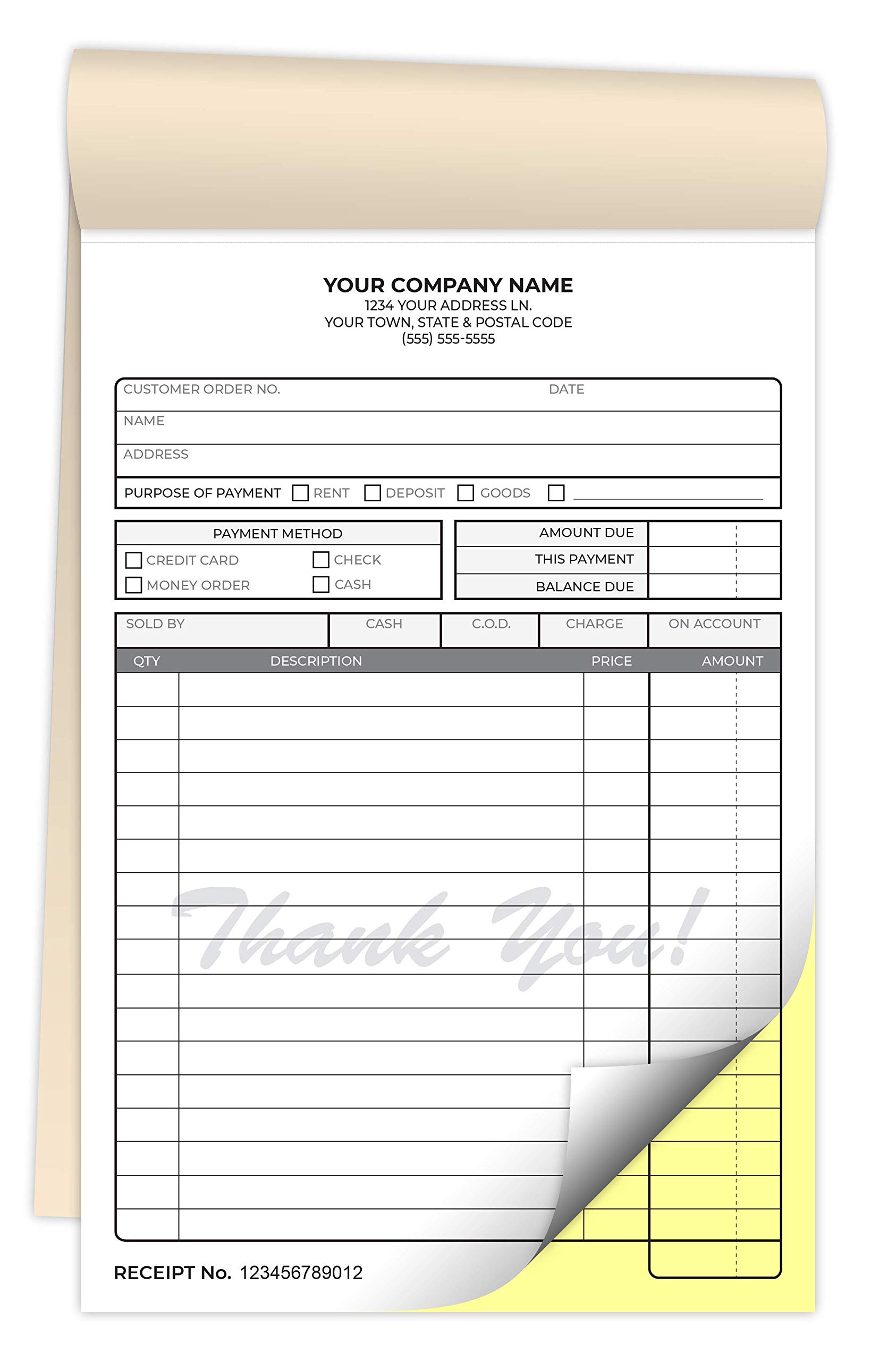 Custom Printed Carbonless Rent Receipt Books 5.5 x 8.5 Inches - NCR 2-Part Staple Bound Pads with Manila Cover - Personalized with Your Company Name & Number - 600 Qty - Perfect for Property Managers & Landlords