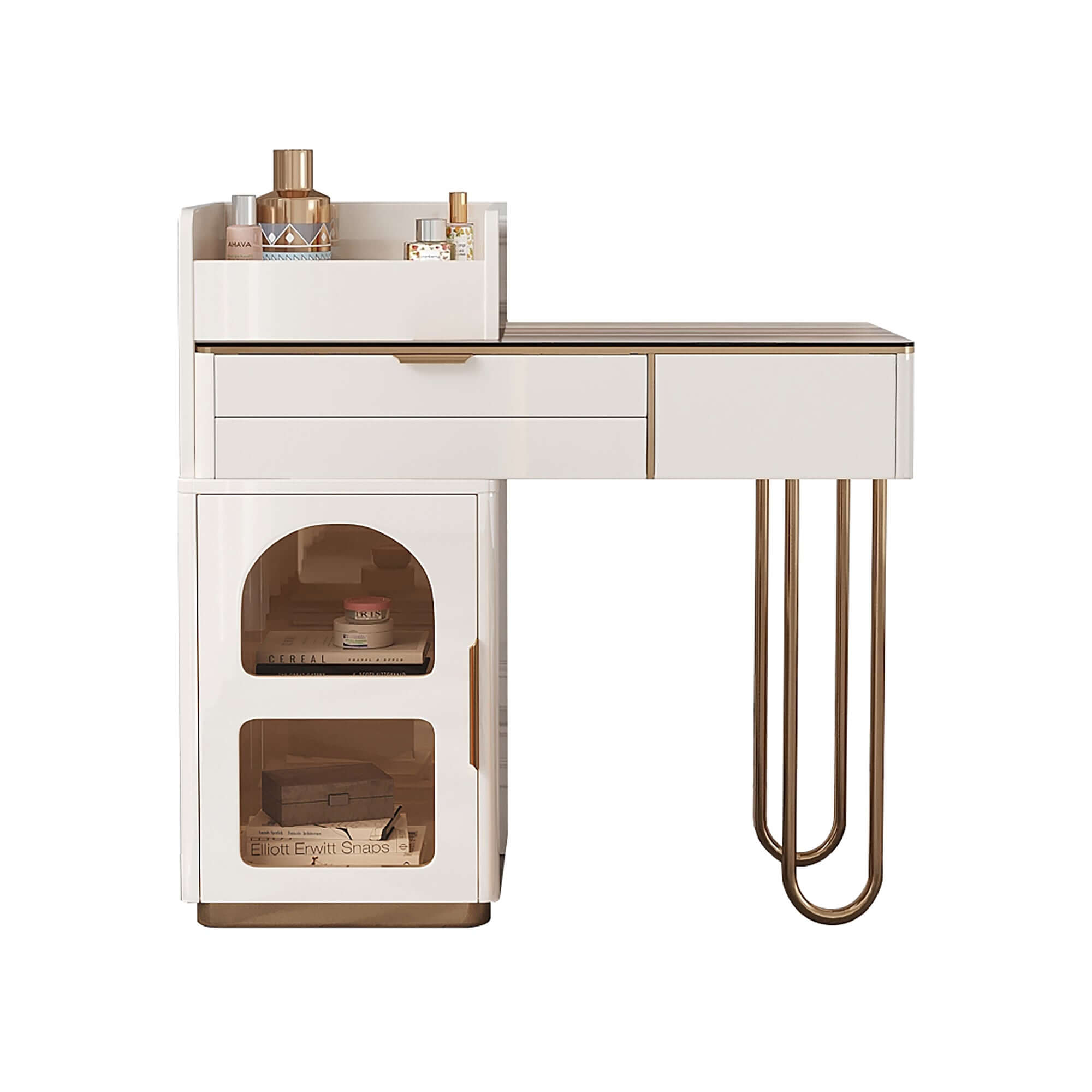 White Makeup Vanity Table with Glass Top, Open Storage Compartment, Drawers & Cabinet - Perfect for Bedroom, Dressing Room & Beauty Salon Organization