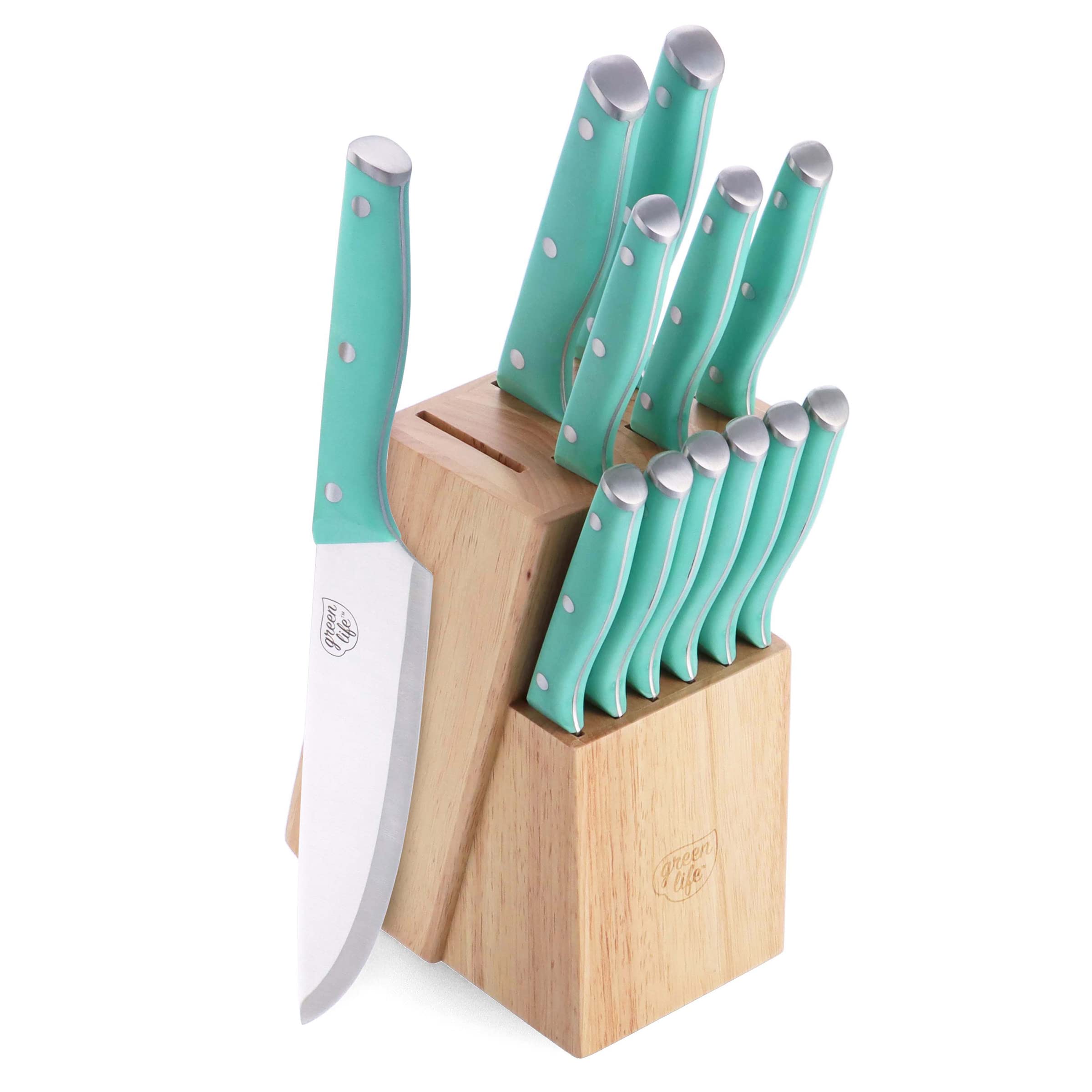 GreenLife 13-Piece High Carbon Stainless Steel Knife Block Set with Chef & Steak Knives - Ergonomic Comfort Grip Handles, Triple Rivet Cutlery in Turquoise | Perfect for Home Kitchens, Wedding Gifts & Professional Chefs