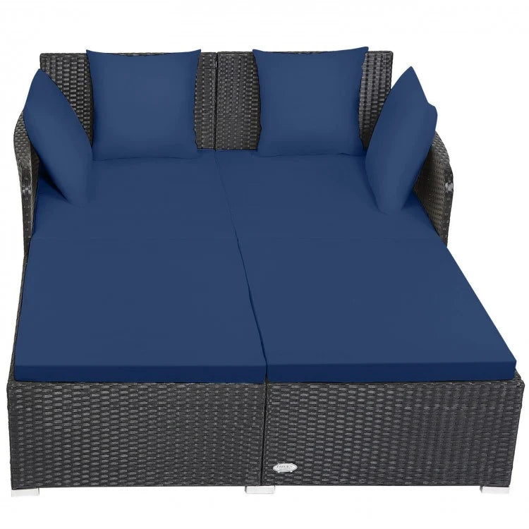 Premium Outdoor Rattan Daybed with Comfortable Upholstered Cushions & Navy Pillows - Perfect for Patio, Poolside, or Garden Relaxation