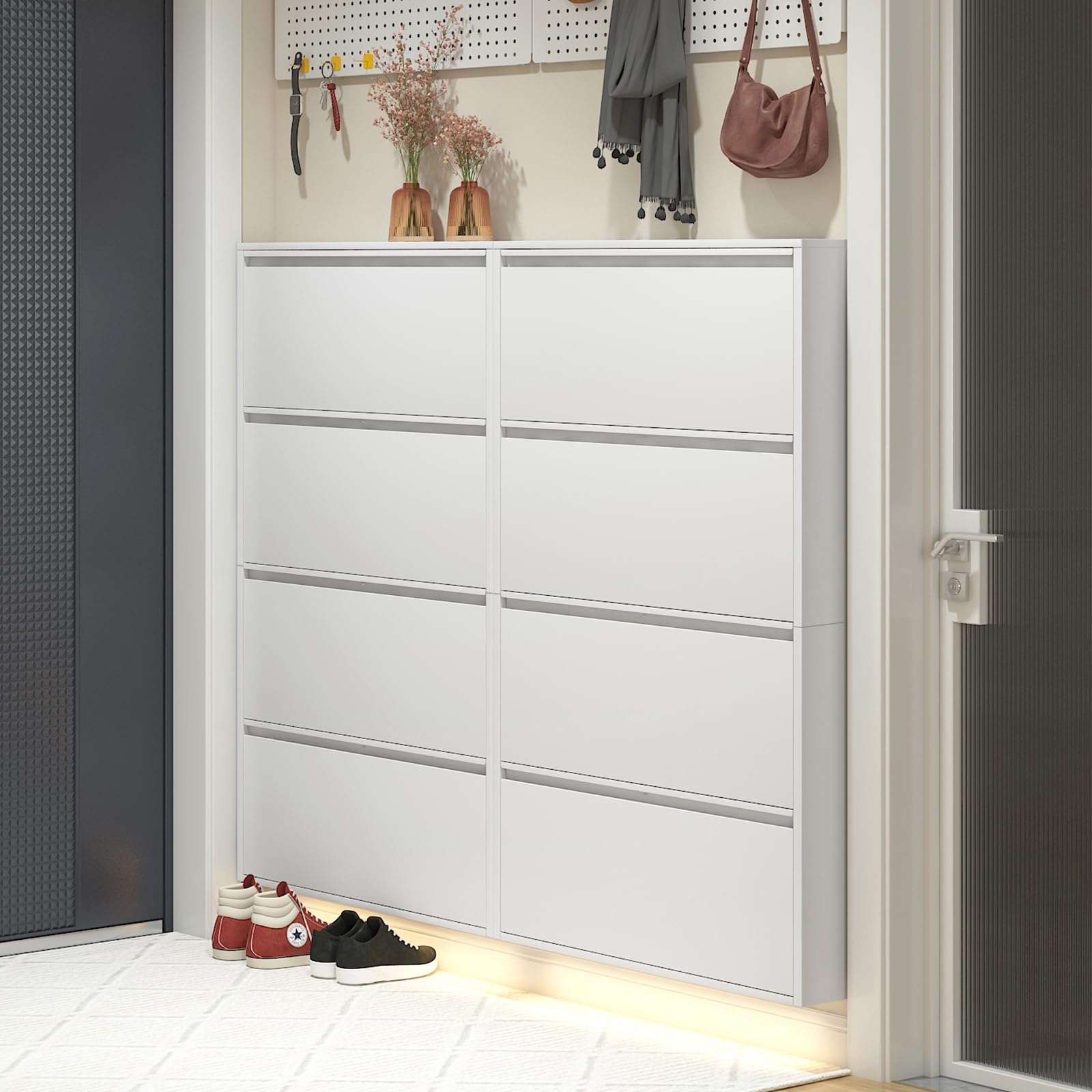 LucyPal 4-Tier Wall Mounted Shoe Storage Cabinet - White Narrow Flip-Drawer Shoe Organizer for Entryway, Hallway & Living Room (56.9