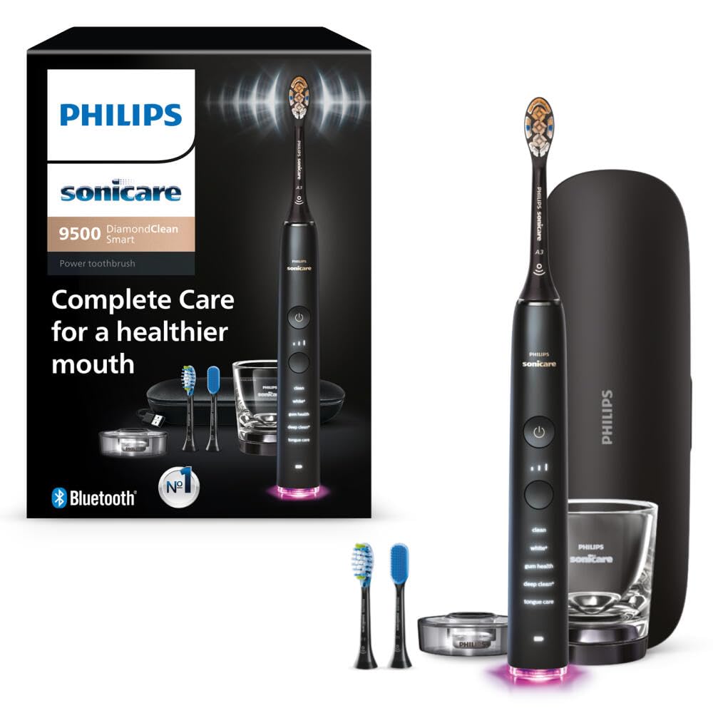 Philips Sonicare DiamondClean Smart 9500 Electric Toothbrush - Bluetooth Connected Sonic Toothbrush with Smart App, Pressure Sensor & Brush Head Detection - 5 Modes & 3 Intensity Levels (HX9923/11, Black) - Perfect for Travel & Daily Oral Care Routine