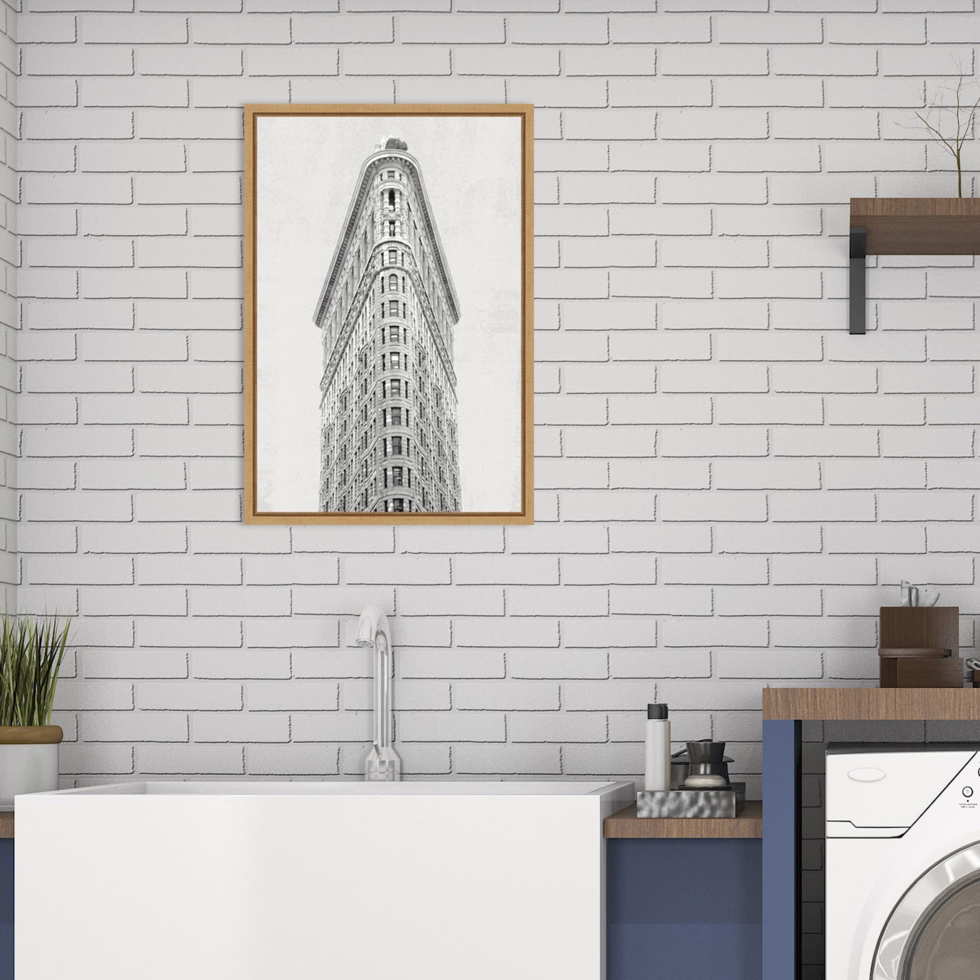 Amanti Art Framed Canvas Wall Art - 23x16 Flatiron Building NYC Skyline Painting by Wild Apple Portfolio | Modern Architecture Artwork for Living Room & Bedroom Decor | Framed Poster for Office, Dining Room & Home Interior Design