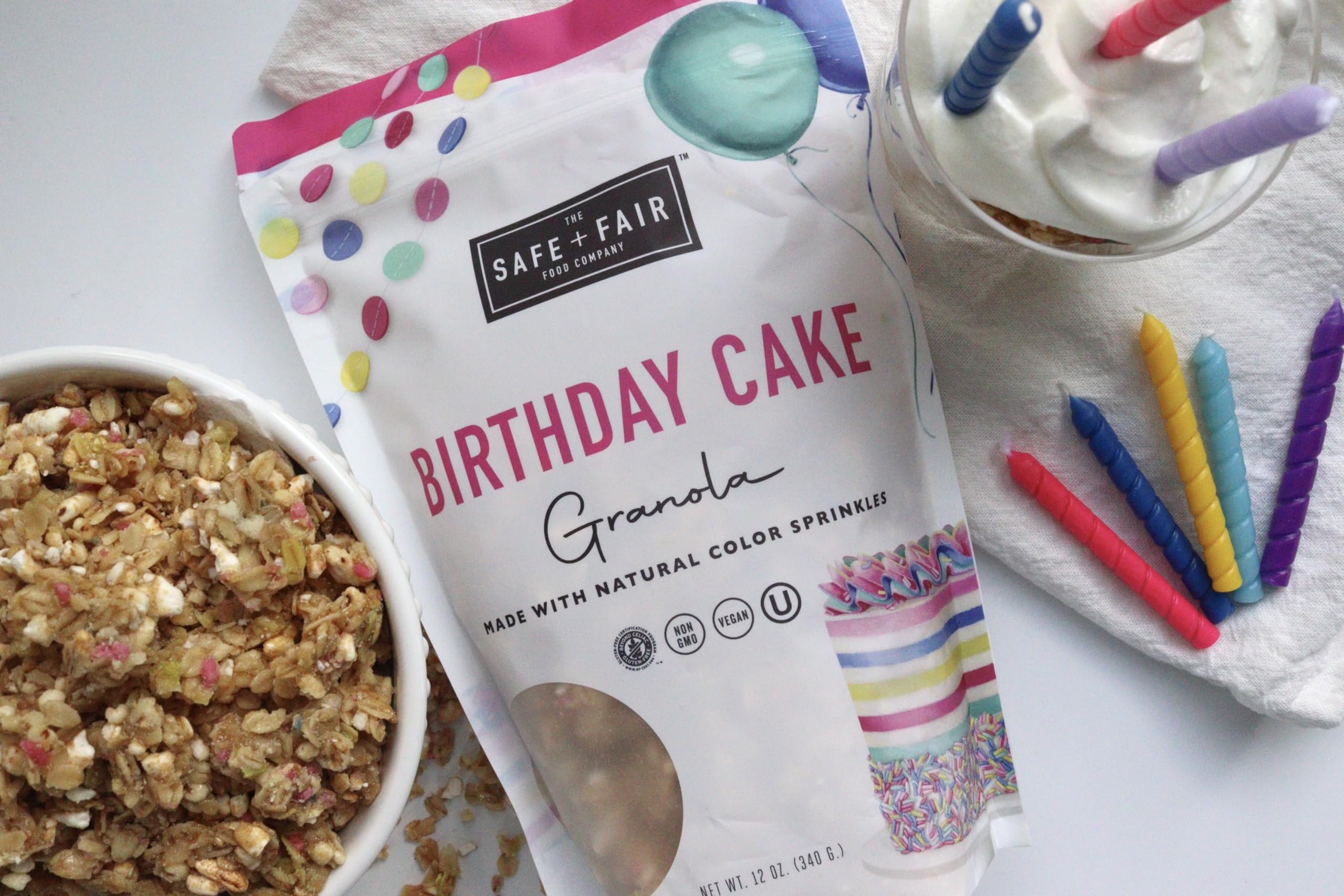 Safe + Fair Birthday Cake Granola – Gluten-Free, Vegan & Plant-Based Snack with Natural Sprinkles – 0g Trans Fat, Non-GMO, Kosher, Allergen-Free, Whole Grain - 12oz (6 Pack) – Perfect for Breakfast, Office Snacks & Healthy Party Treats