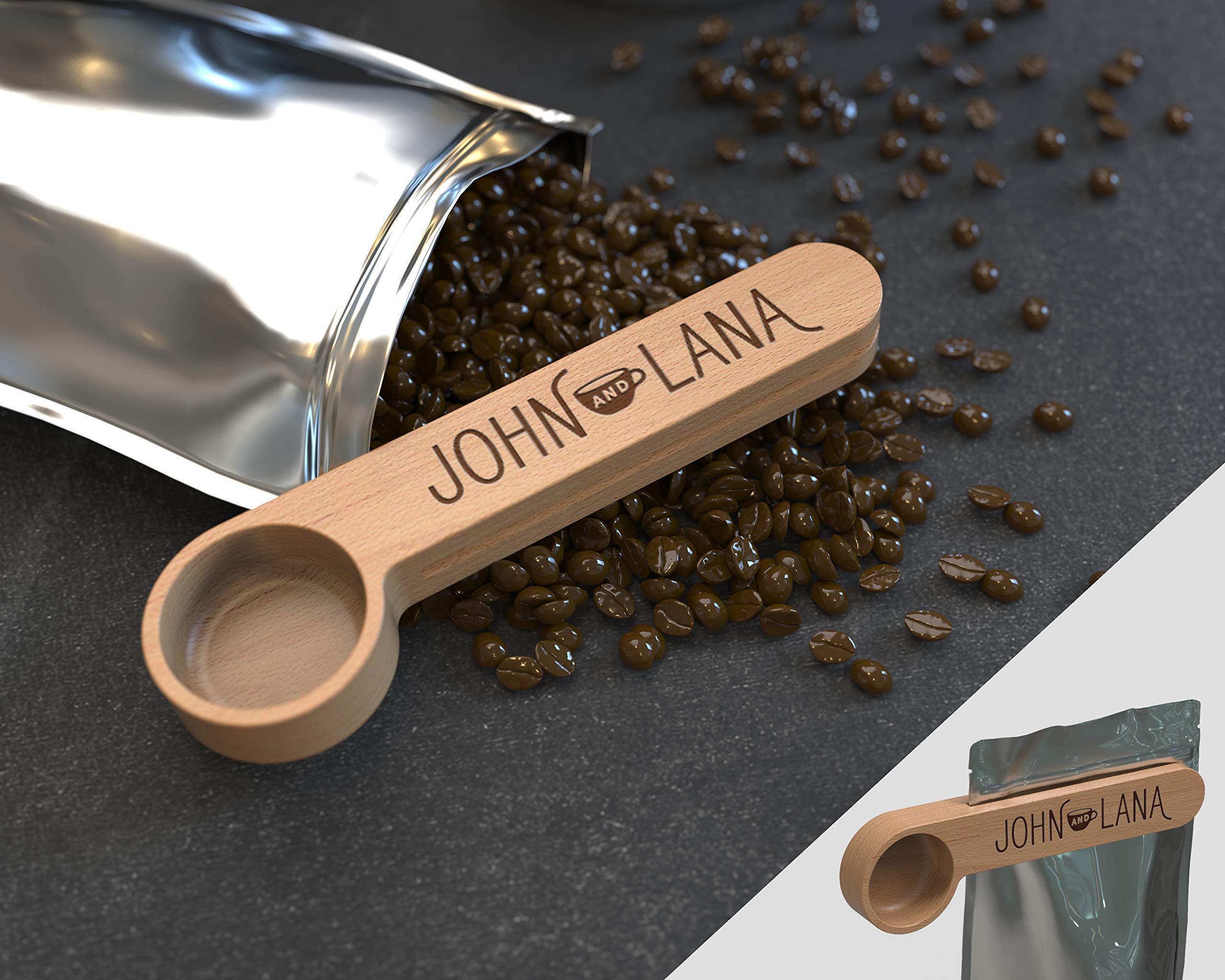 Personalized Wooden Coffee Scoop - Custom Engraved Coffee Measuring Spoon & Bag Clip - Perfect Kitchen Tool for Coffee Lovers - Ideal Gift for Home Baristas & Coffee Enthusiasts - Great for Measuring Coffee Grounds, Storing Beans & Brewing Perfect Cups