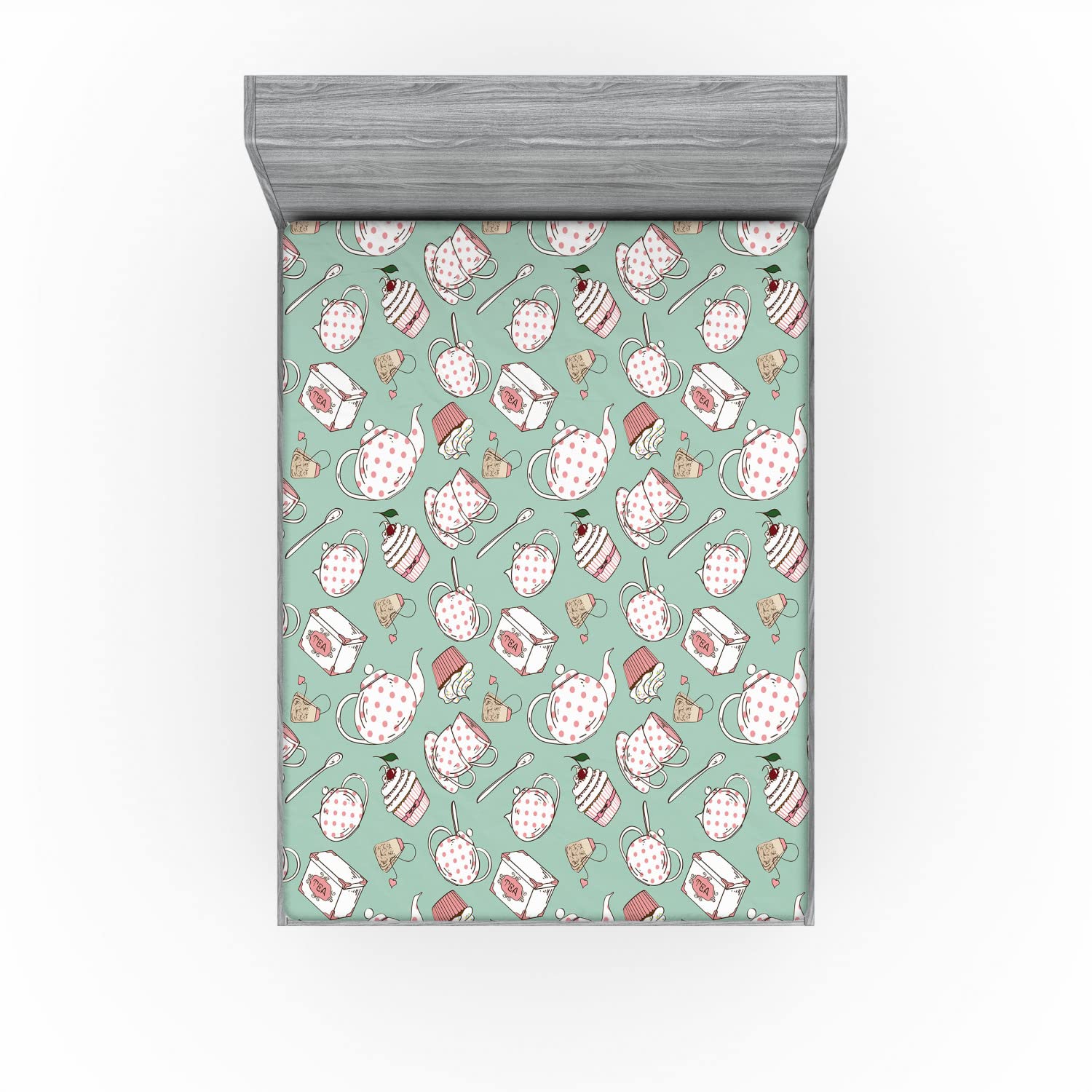 Ambesonne Tea Party Fitted Sheet - Polka Dot Teapot & Cupcake Design with Cherry & Teabag - Full Size Deep Pocket Elastic Bed Cover - Almond Green Coral - Perfect for Themed Bedrooms, Guest Rooms & Tea Lover Decor