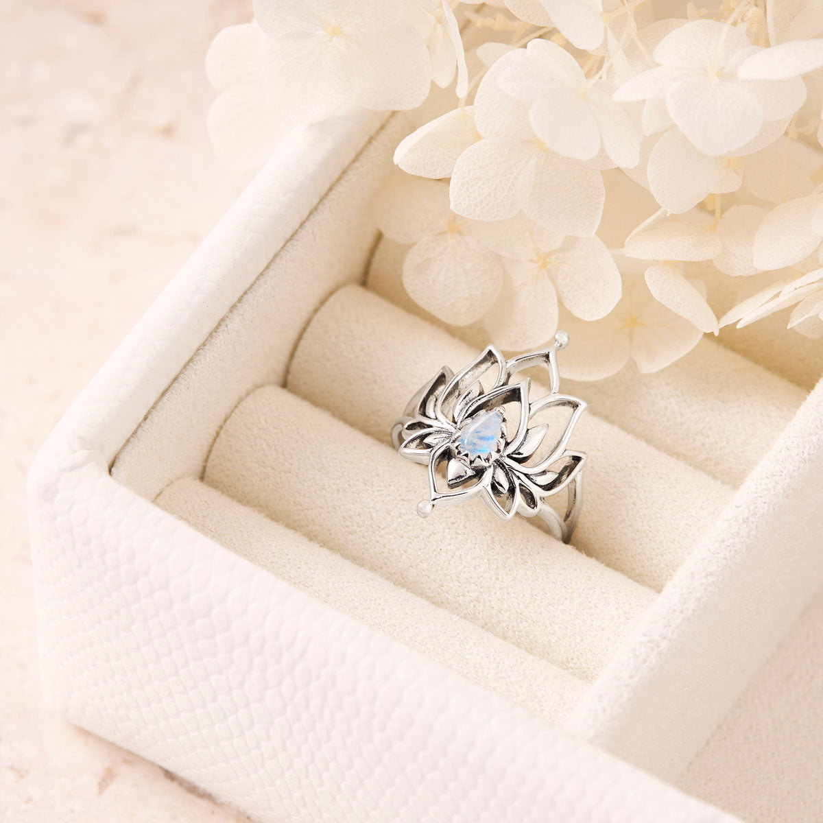 Lotus Romance Rainbow Moonstone Ring - Elegant Handmade Sterling Silver Jewelry for Women, Gift for Her | Perfect for Weddings, Anniversaries & Special Occasions