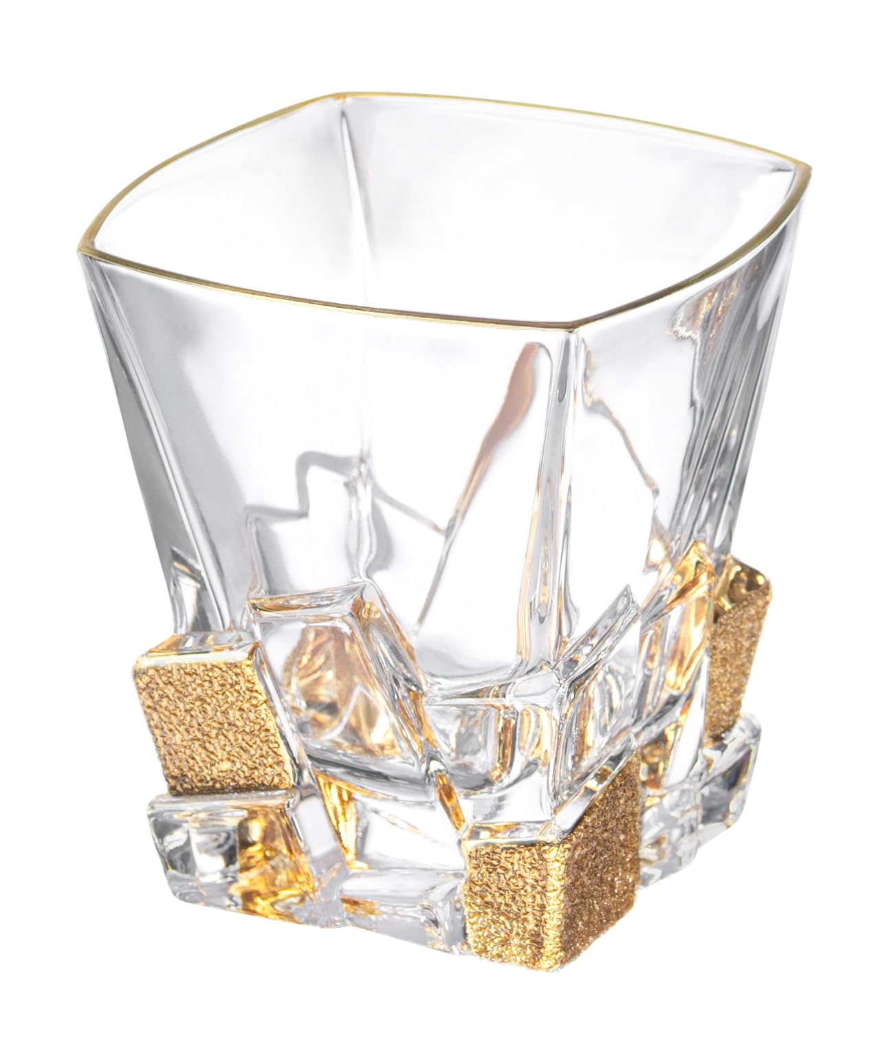 Barski European Crystal Glass Set of 6 - 11.7 oz Square Double Old Fashioned Tumblers with Matte Gold Ice Design - Premium Quality DOF Glasses Made in Europe - Perfect for Cocktails, Whiskey, Bourbon & Home Bar Decor