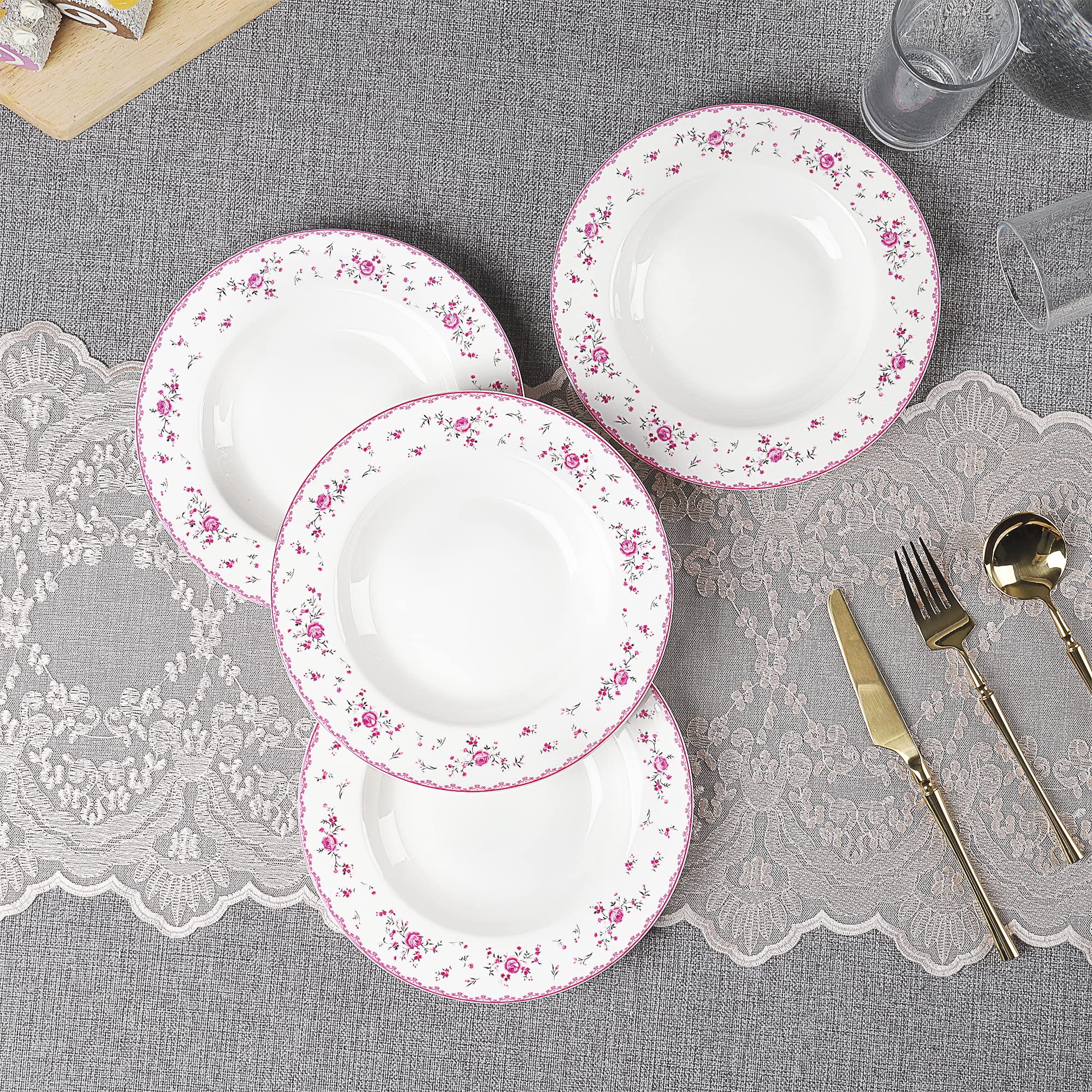 Fanquare 8 Inch Porcelain Soup Bowls Set of 4 - Round Pasta Plates for Salad, Dessert, Snack - Pink Roses Floral Design - Perfect for Dining, Entertaining, and Gift Giving