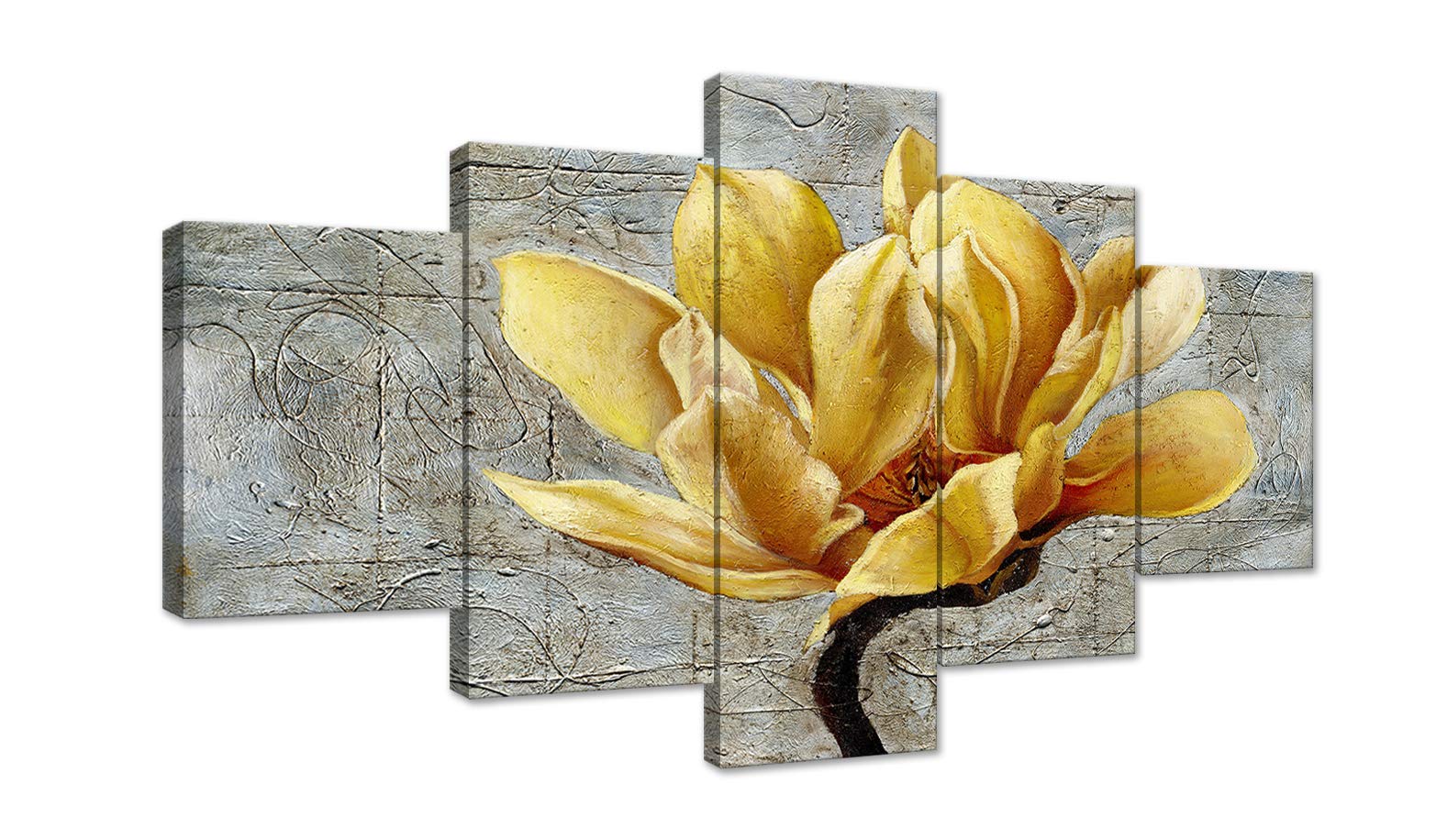 Modern 5-Panel Canvas Wall Art - Black White Yellow Grey Rose Flower on Grey Wooden Board - Stretched & Framed Ready to Hang - Perfect for Living Room, Bedroom, Bathroom & Office Decor