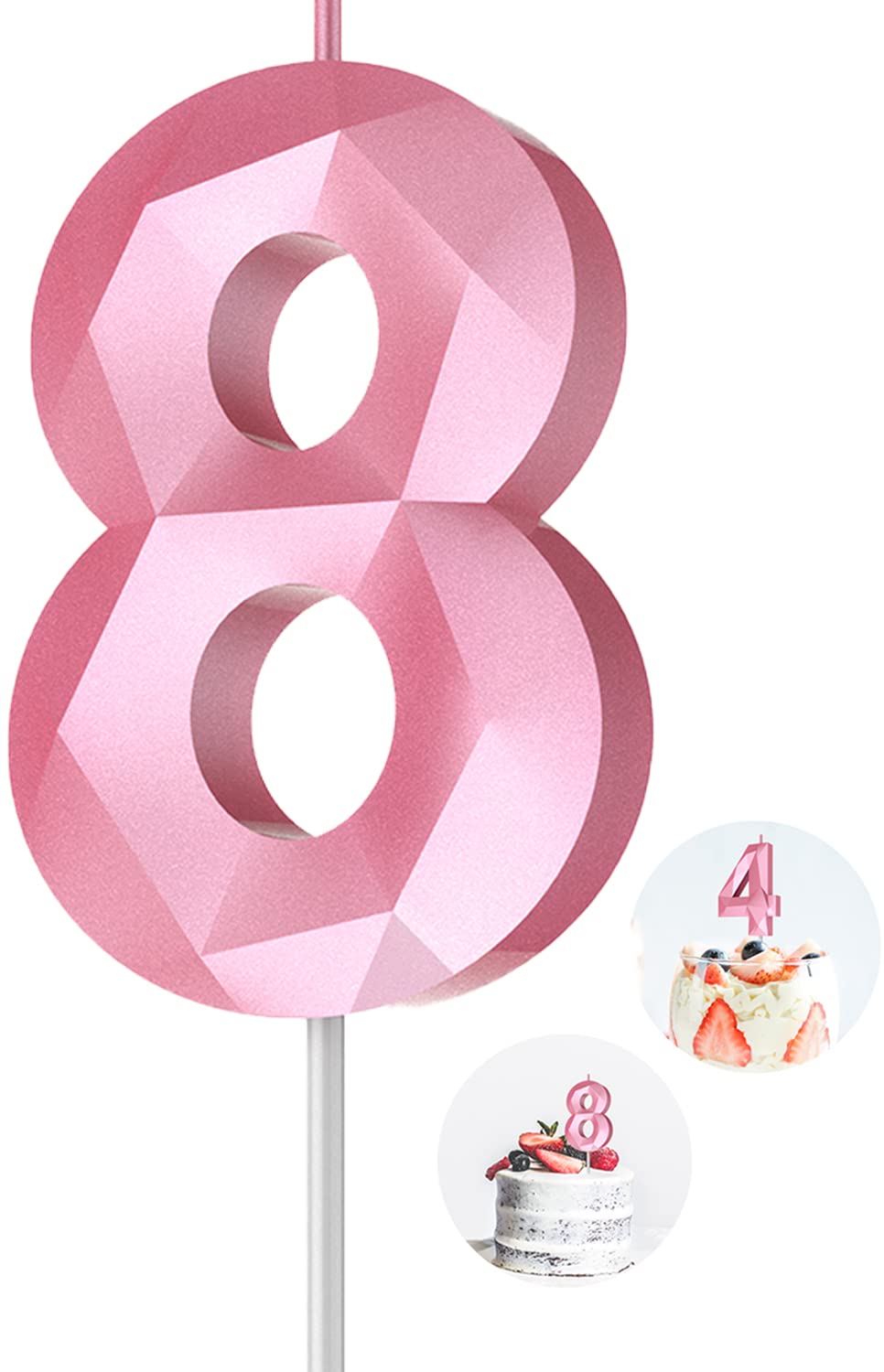 3D Diamond Shape Number 8 Birthday Candles (Pink) - Happy Birthday Cake Candles for Birthday Party, Wedding, Reunion & Theme Party Decorations - Perfect for Cake Toppers, Dessert Table Centerpieces & Celebration Decor