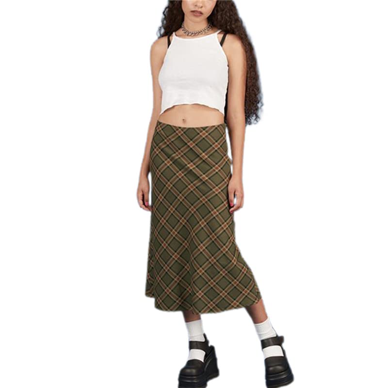 PXSMGSz Women's Casual Long Skirt - Dark Green Plaid Print, High Waist Bodycon Midi Dress (XS/S/M/L/XL) | Perfect for Office, Date Night & Fall Fashion