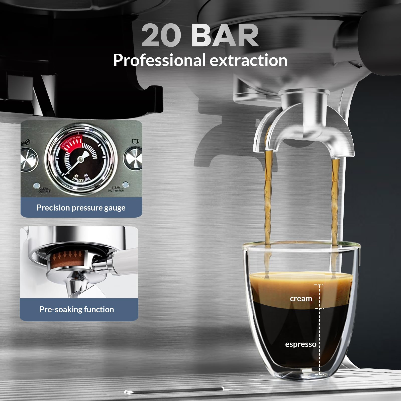 20 Bar Professional Espresso Machine with Built-in Grinder & Milk Frother - 96oz Removable Water Tank for Cappuccino, Latte & Espresso - Perfect for Home Baristas & Coffee Shops (Slivery)