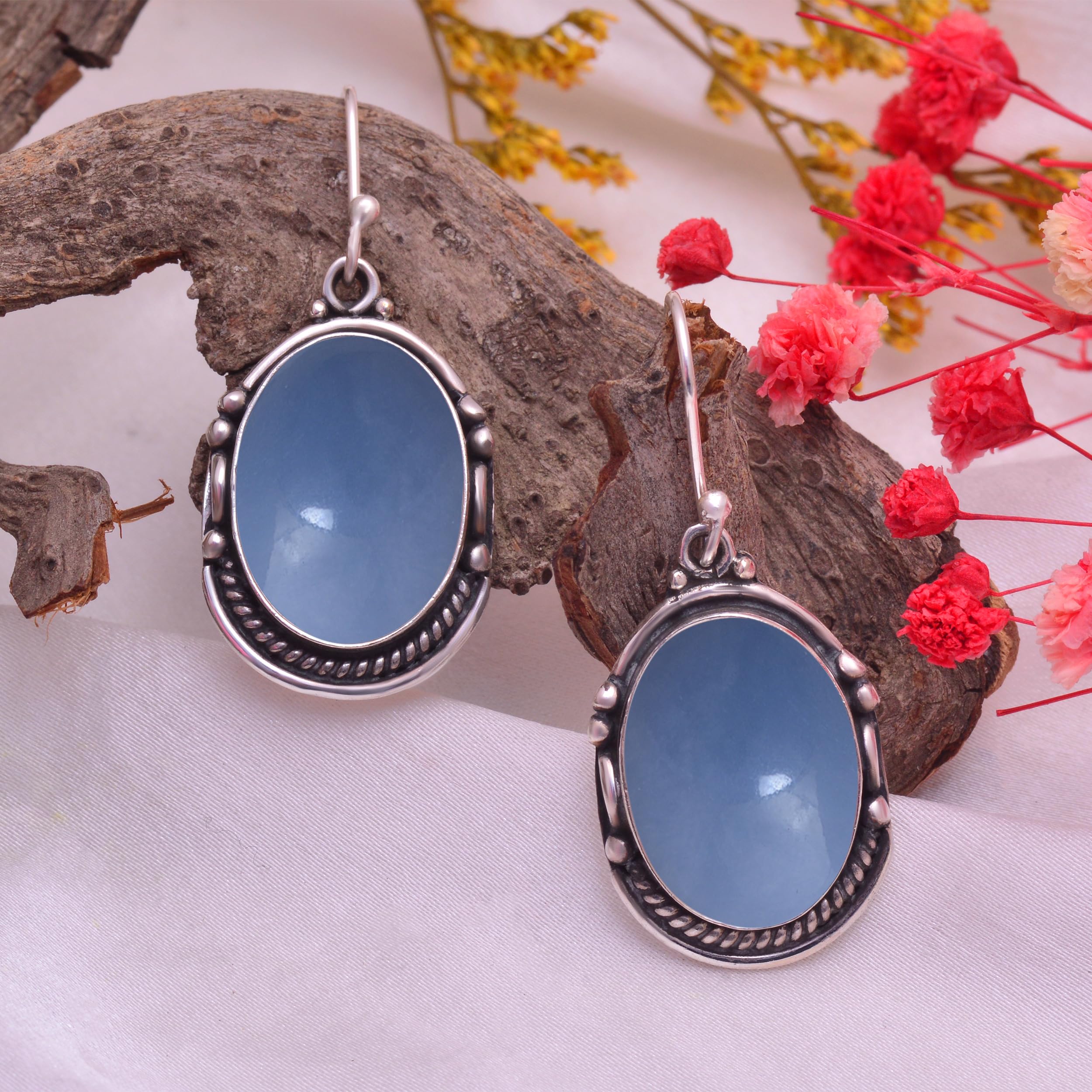Veracity Jewelry Angelite Earrings for Women - 925 Sterling Silver Dangle Earrings with Blue Angelite Gemstone - Handmade Healing Crystal Jewelry for Inner Peace & Spiritual Balance | Perfect for Meditation, Yoga, Gift Giving & Everyday Elegance