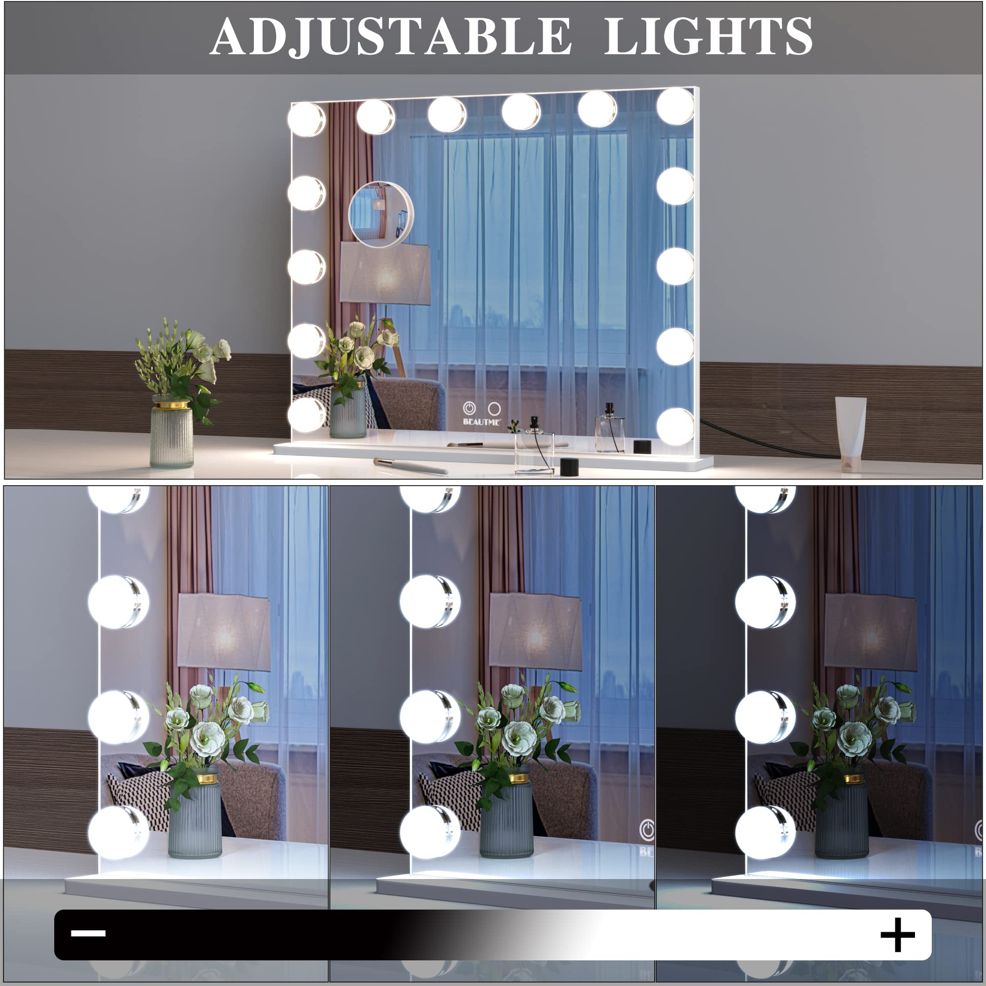 BEAUTME Large Hollywood Lighted Makeup Mirror with Smart Touch Button - 360° Adjustable Vanity Mirror with LED Lights for Tabletop or Wall Mounted - Perfect for Makeup, Skincare & Hair Styling at Home or Salon