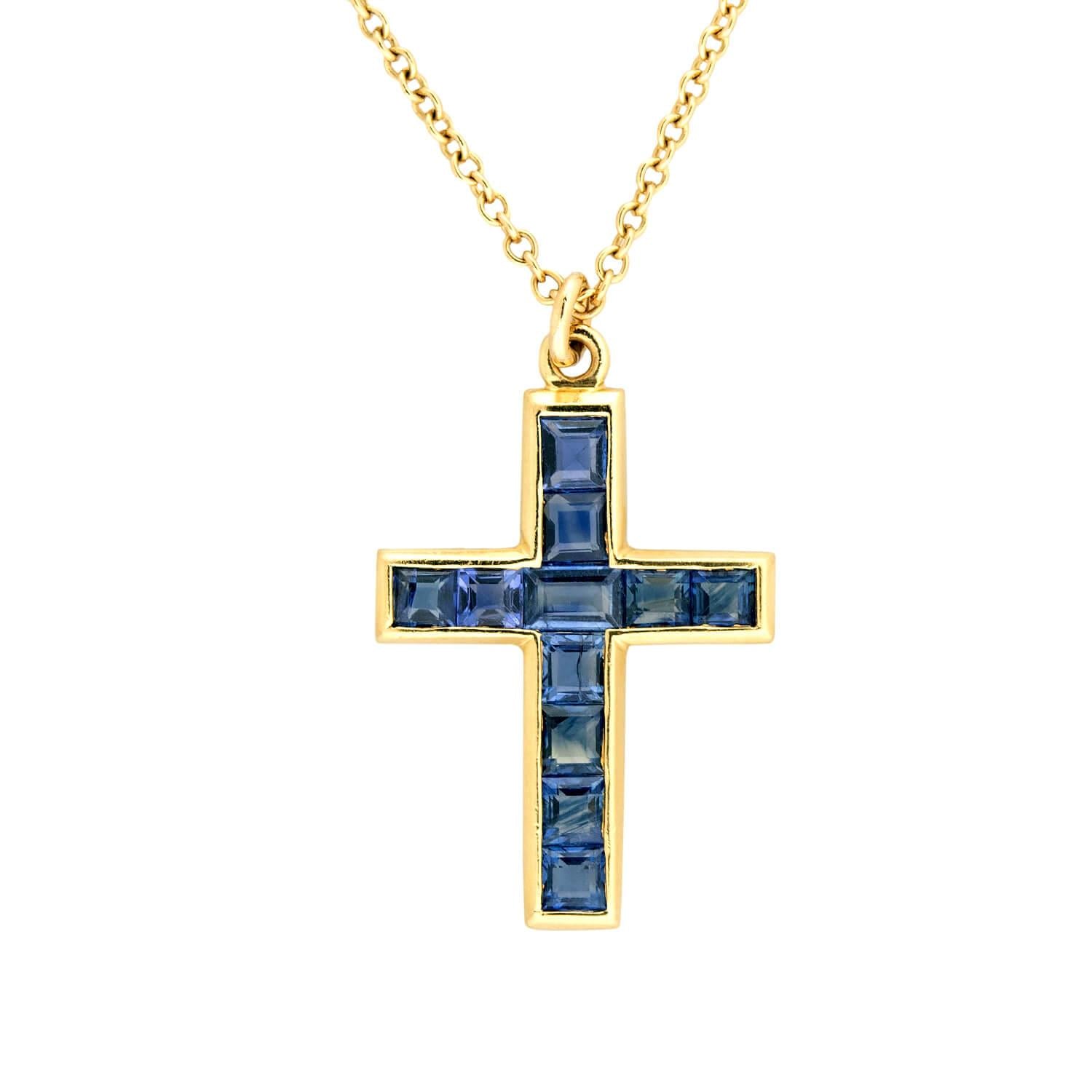 Antique Late Victorian 18K Gold Sapphire Cross Pendant Necklace - Elegant Religious Jewelry for Women, Perfect for Weddings, Church & Special Occasions