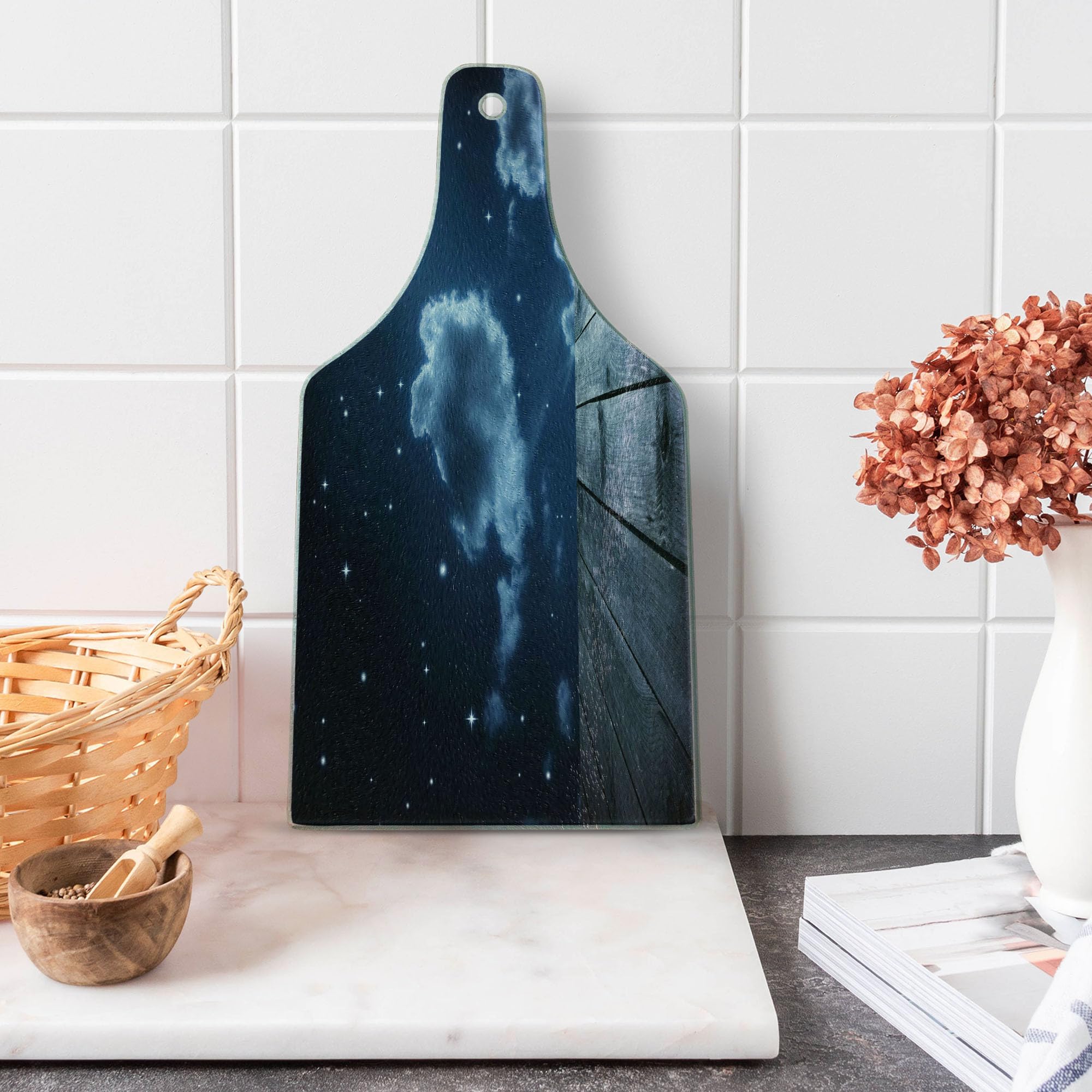 Ambesonne Dark Blue Wooden Cutting Board - Celestial Night Sky with Stars, Clouds & Crescent Moon - Decorative Tempered Glass Serving Board (Wine Bottle Shape) - Perfect for Cheese Platters, Charcuterie & Wine Pairings - Dark Blue & White Kitchen Decor