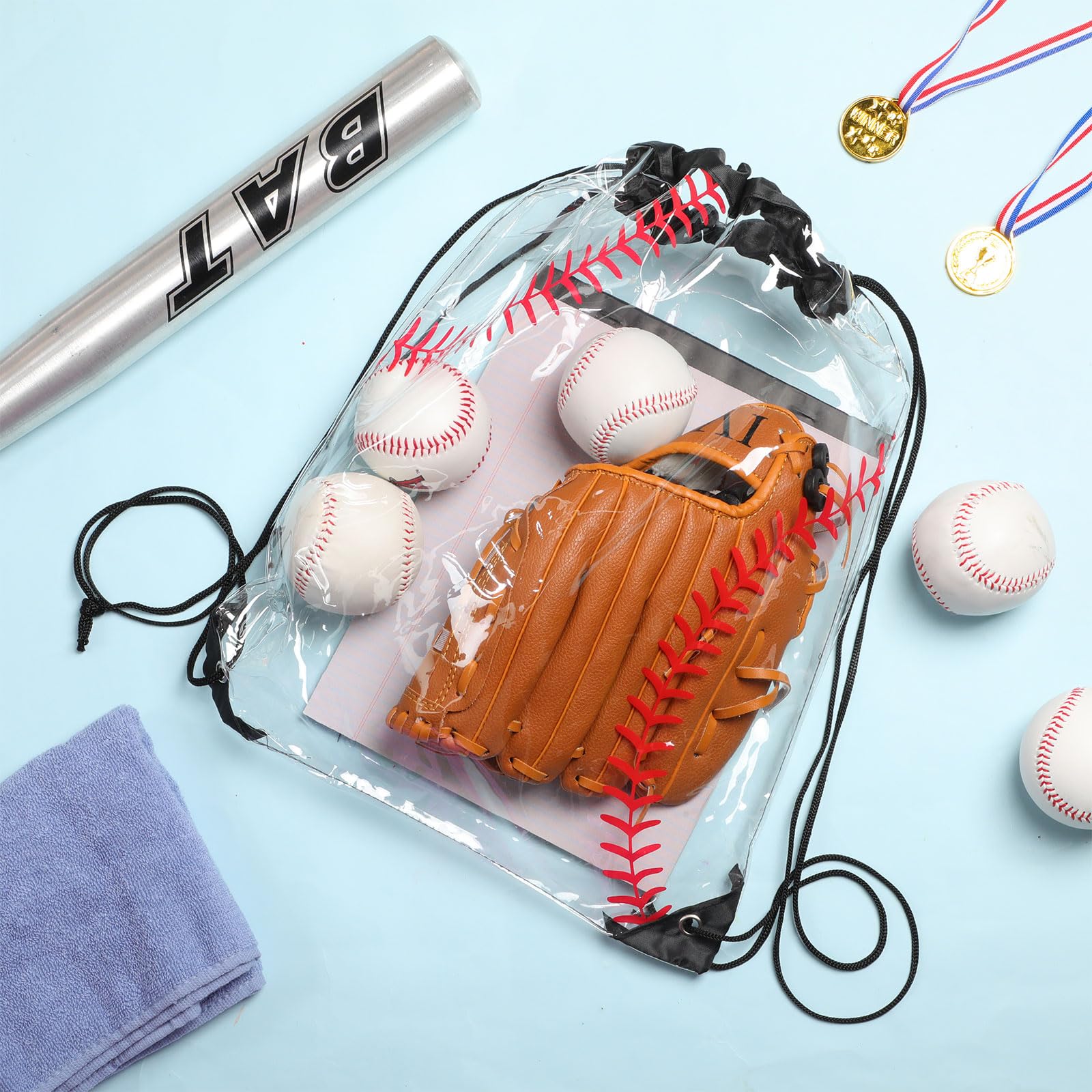 Cholemy 12 Pack Clear Plastic Drawstring Backpacks 17x13 Inch - Waterproof Baseball Gift Bags, Party Favors & Goodie Bags for Sports Events, Gym, Stadium Games & Team Celebrations - Perfect for Baseball Gifts, Team Snacks & Event Giveaways