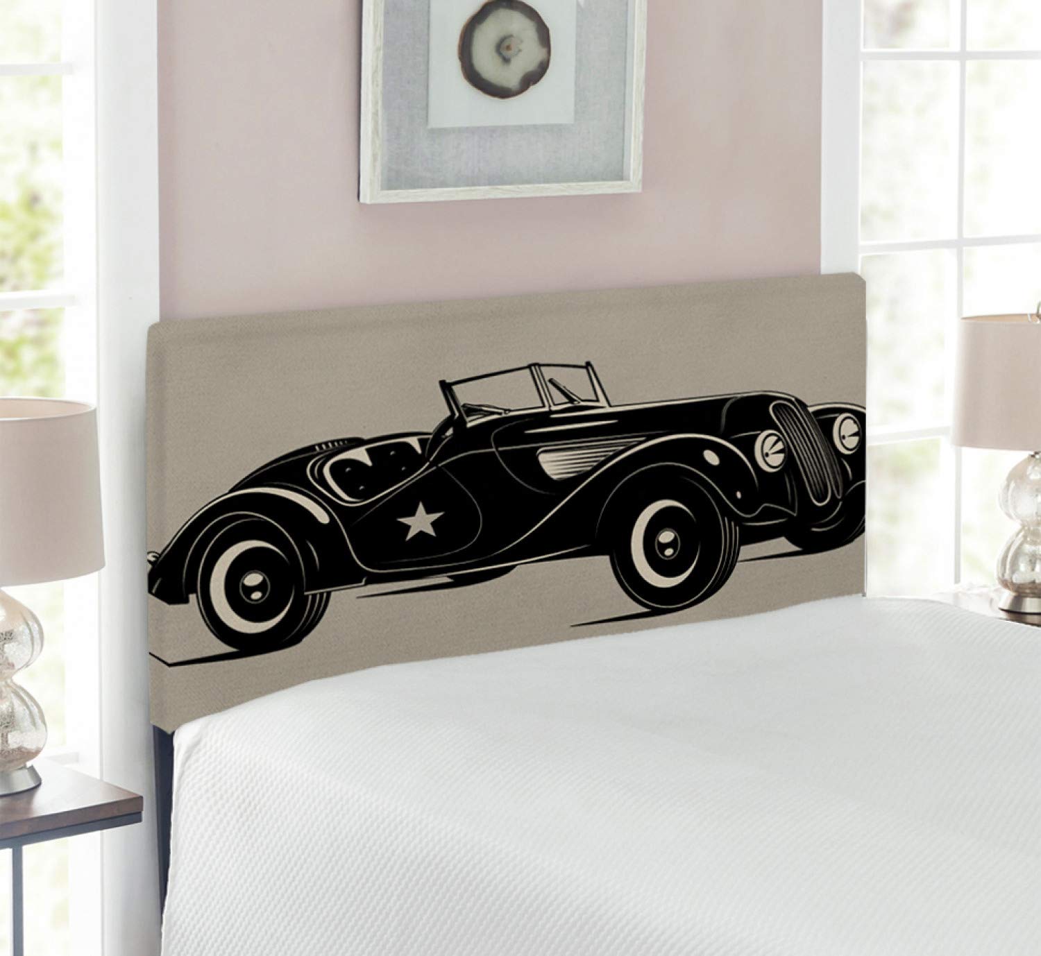 Ambesonne Vintage Cars Headboard - Classic Italian Model 50's Nostalgic Car Pop Art Design, Twin Size Upholstered Decorative Metal Bed Frame with Memory Foam in Brown & Black | Perfect for Retro Bedroom Decor, Kids Room Theme, and Car Enthusiast Collectors