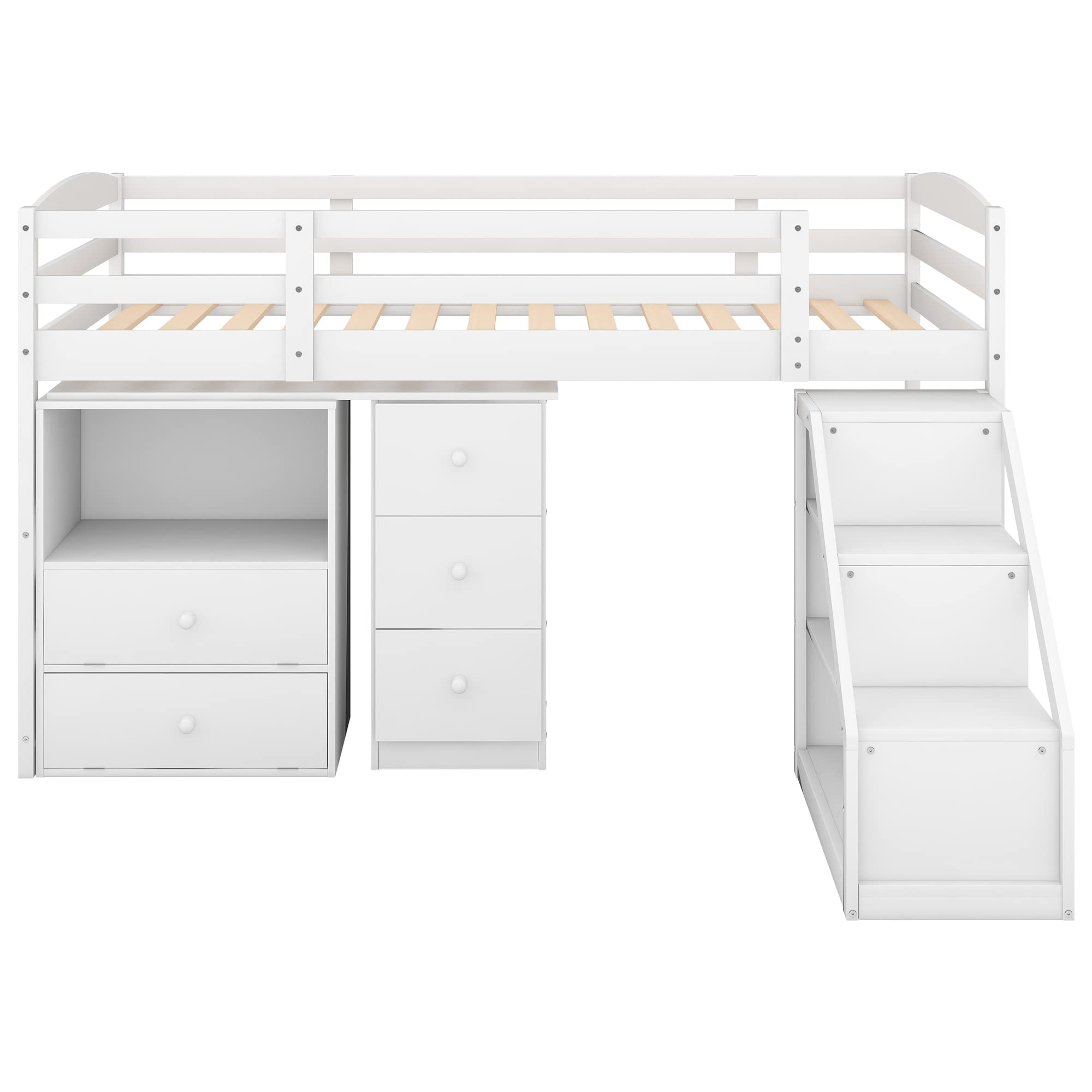 Twin Size Loft Bed with Built-in Desk & Staircase - Space Saving White Wooden Bunk Bed for Kids & Teens - Perfect for Small Bedrooms, Dorms & Studio Apartments
