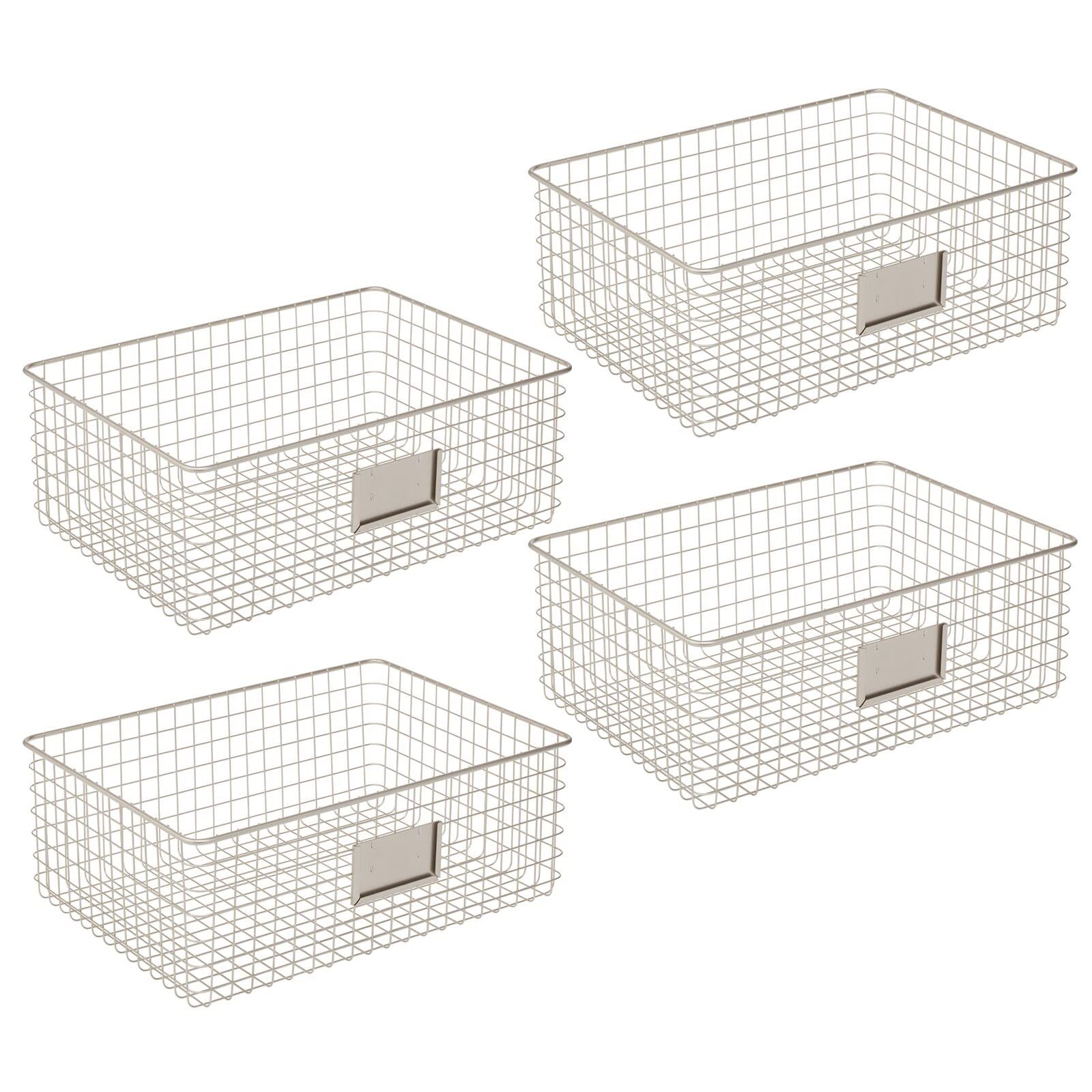 mDesign Wide Steel Wired Storage Organizer Bins with Label Slots - 4 Pack Satin Finish for Kitchen Pantry, Cabinet & Home Organization | Perfect for Food Storage, Snacks, Produce & Drinks | Omaha Collection | Ideal for Pantry Shelving, Refrigerator Organization & Closet Storage