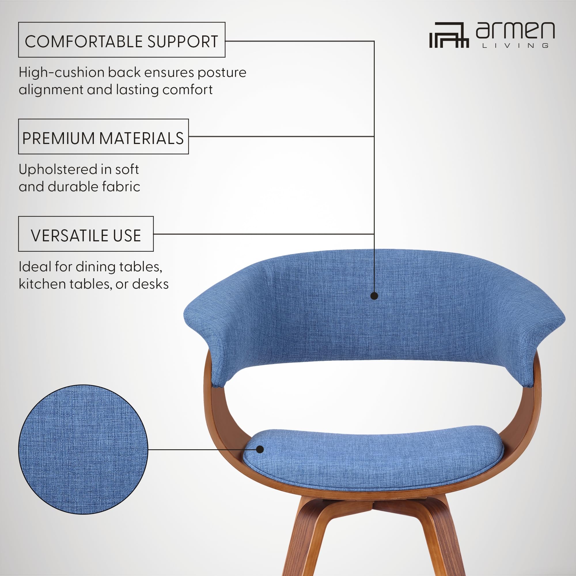 Mid Century Modern Dining Chair - Blue Fabric & Walnut Wood Accent Chair for Kitchen, Dining Table, Office Desk | Stylish Home Decor for Living Room, Breakfast Nook & Vanity Area