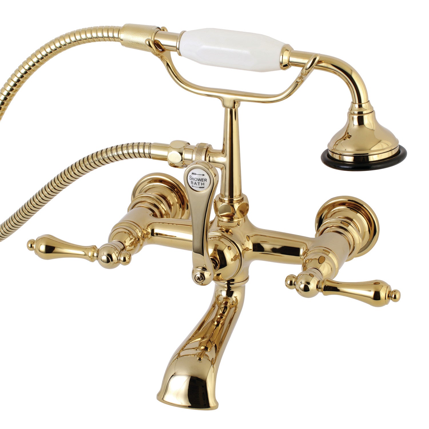 Vintage AE551T2 Polished Brass 3-Handle Wall Mount Clawfoot Tub Faucet with Hand Shower - Perfect for Bathroom Renovation & Luxury Spa Experience
