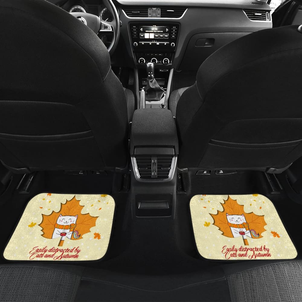 Funny Car Floor Mats - Easily Distracted by Cats & Autumn - Non-Slip Auto Accessories for Cat Lovers & Seasonal Decor - Perfect for Holidays, Gifts & Themed Car Interiors