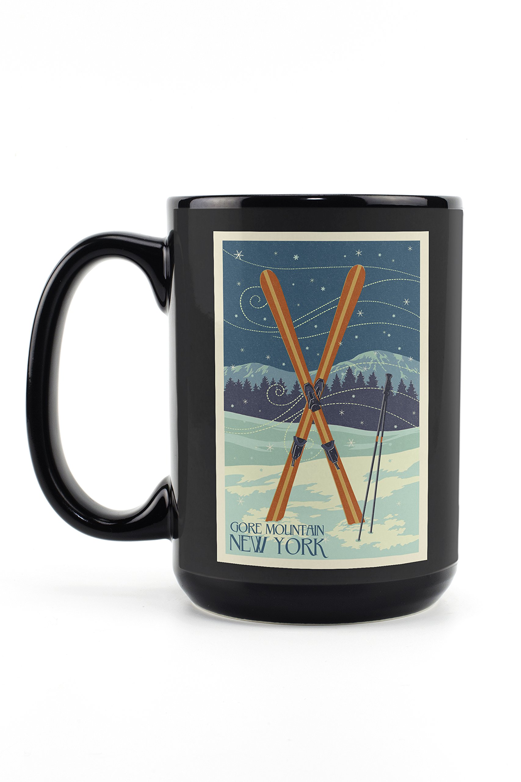 Gore Mountain New York Crossed Skis Letterpress 15oz Black Ceramic Coffee Mug - Microwave & Dishwasher Safe - Perfect for Hot Beverages, Office Use & Mountain-Themed Gifts
