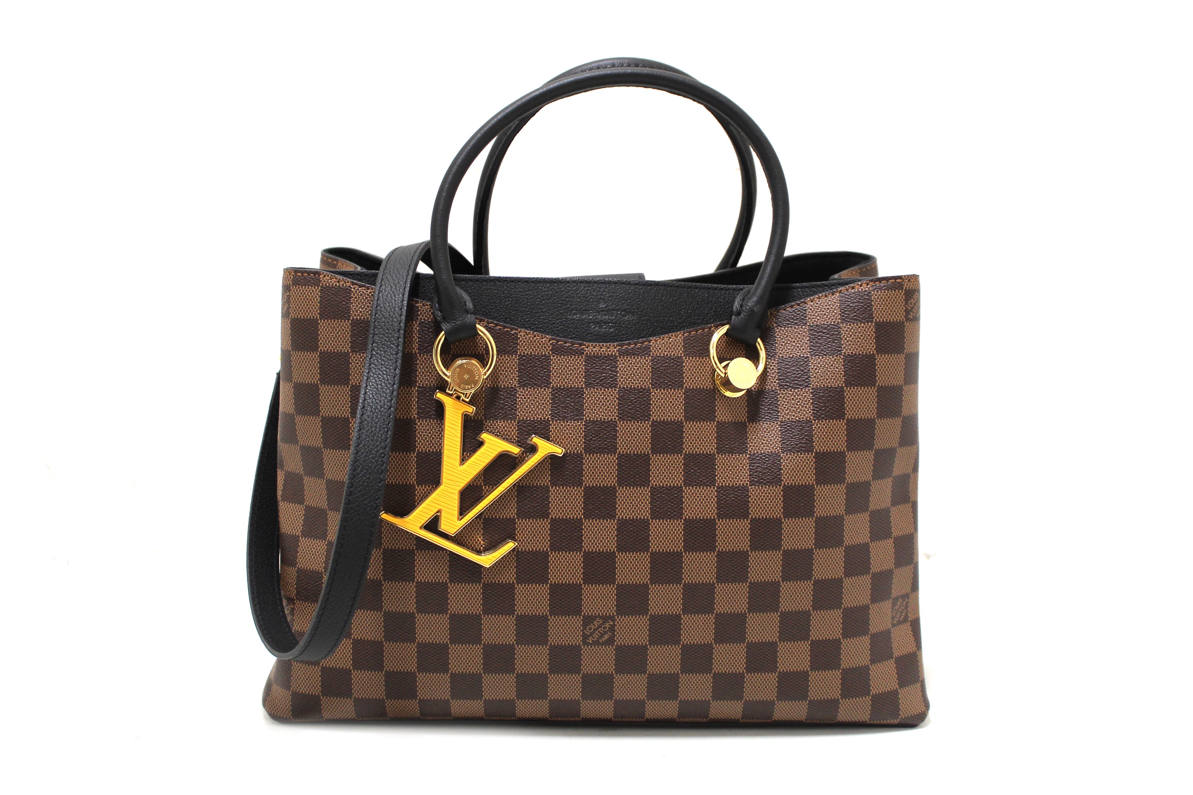 Authentic Louis Vuitton Damier Ebene Canvas Riverside Bag with Black Leather Trim - Luxury Designer Handbag for Women, Perfect for Work, Travel & Everyday Use