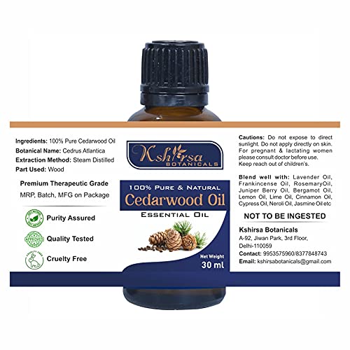 100% Pure & Undiluted Cedarwood Essential Oil (Cedrus Atlantica) for Skin Care, Hair Growth & Aromatherapy - Steam Distilled Natural Therapeutic Grade - 30ml Bottle for Diffuser, Massage & DIY Beauty Products