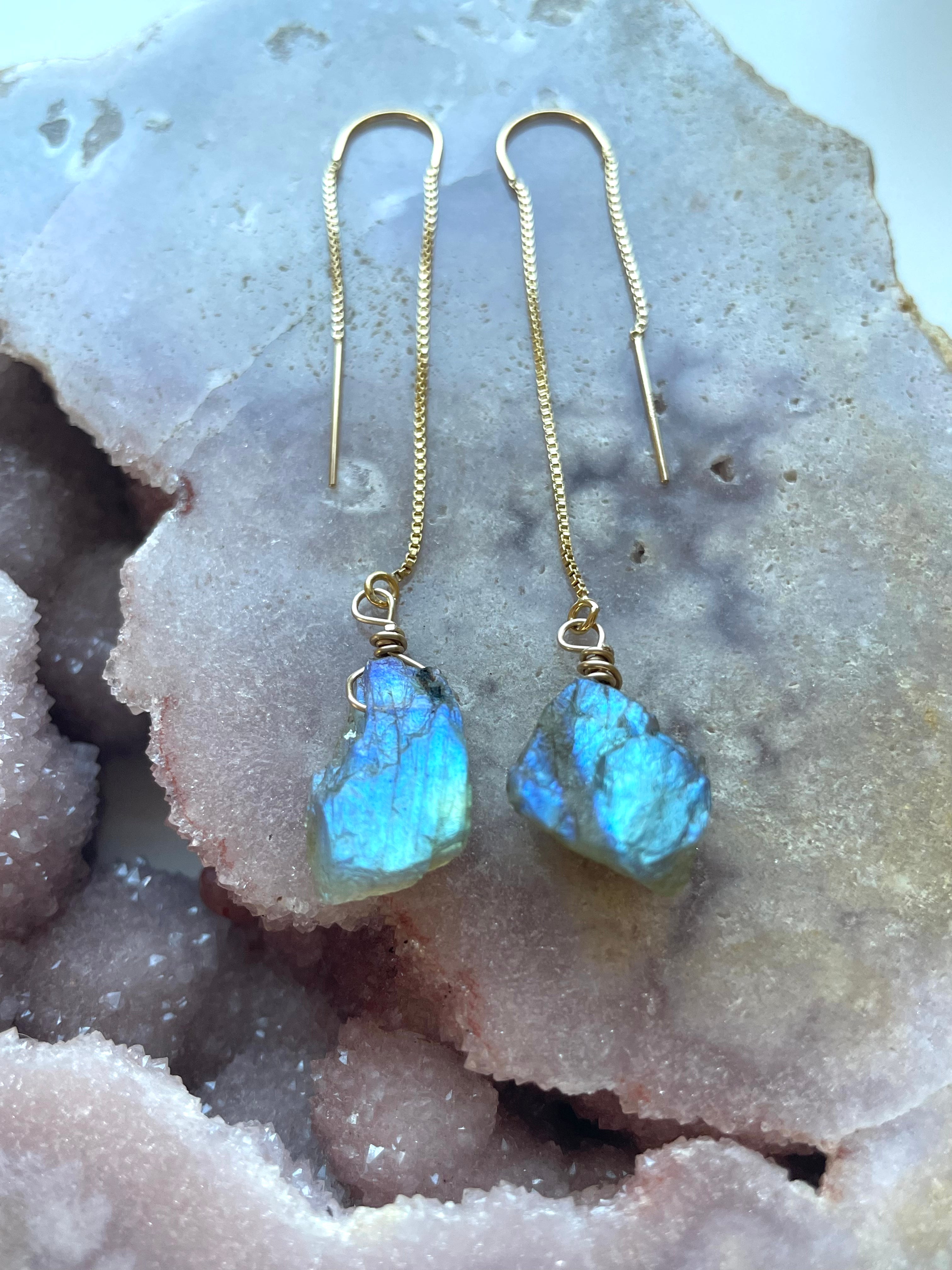 Labradorite Threader Earrings - Sterling Silver or 14K Gold Filled Dangle Earrings for Women | Healing Crystal Jewelry for Everyday Wear & Special Occasions