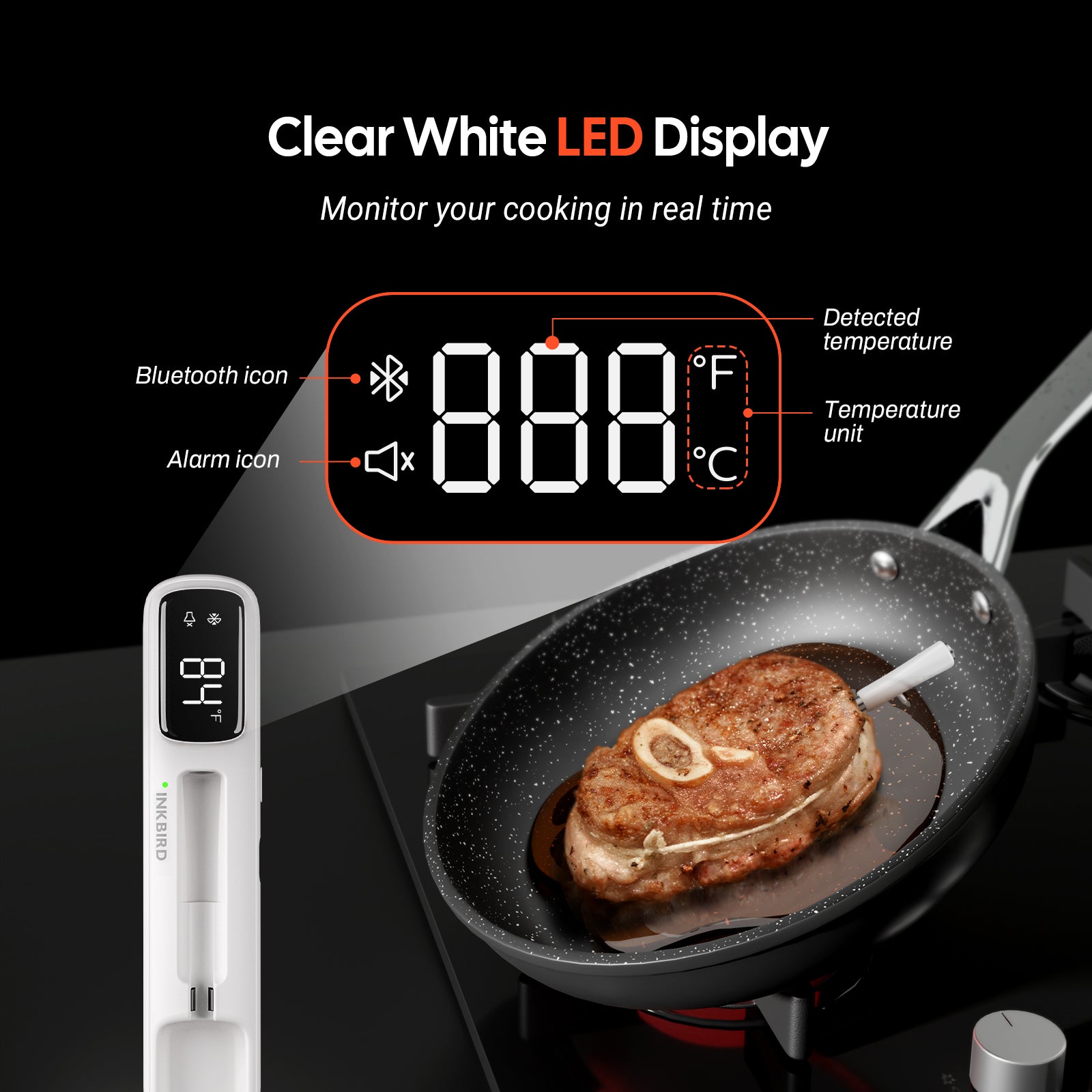 Bluetooth Mini Wireless Meat Thermometer - Digital Cooking Thermometer for Grilling, BBQ, Smoker & Kitchen - INT 11I B - Perfect for Steak, Chicken, Turkey & More