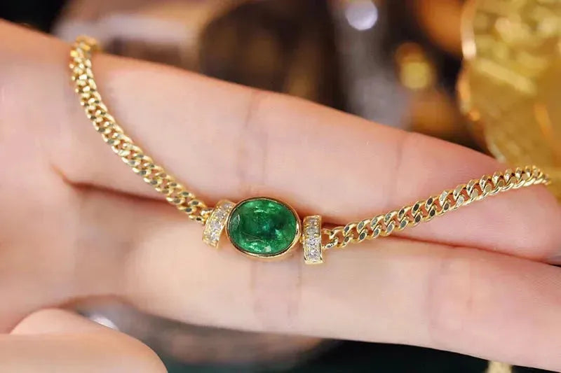 18K Yellow Gold Bracelet with Real Natural Emerald & Shiny Diamonds | Classic Elegant Women's Jewelry for Parties, Weddings & Special Occasions