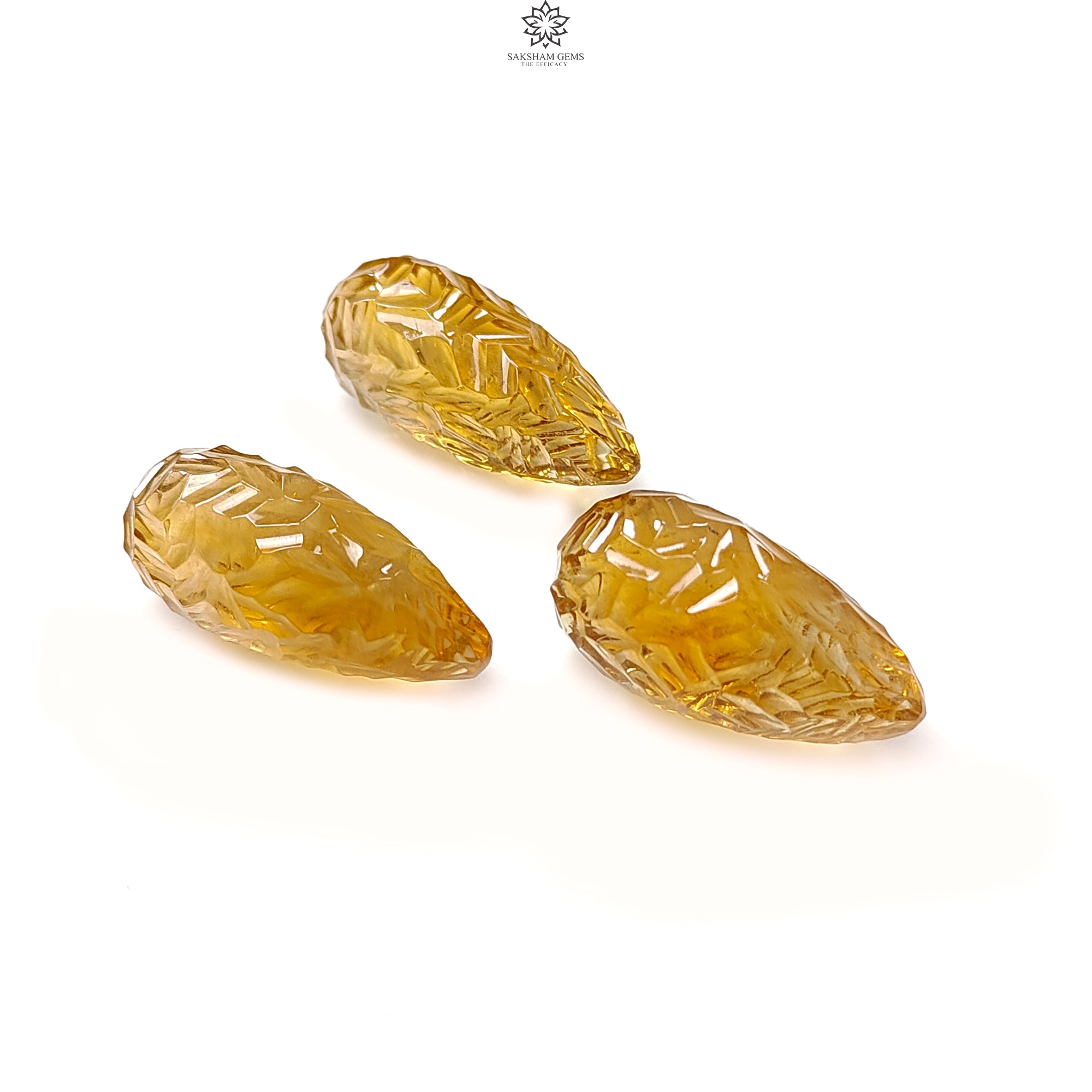 Natural Untreated Yellow Citrine Gemstone Carving - 81.30cts Hand-Carved Teardrop Shape (26mm x 27mm) 3-Piece Set, November Birthstone - Perfect for Jewelry Making, Healing Crystals & Gift Giving