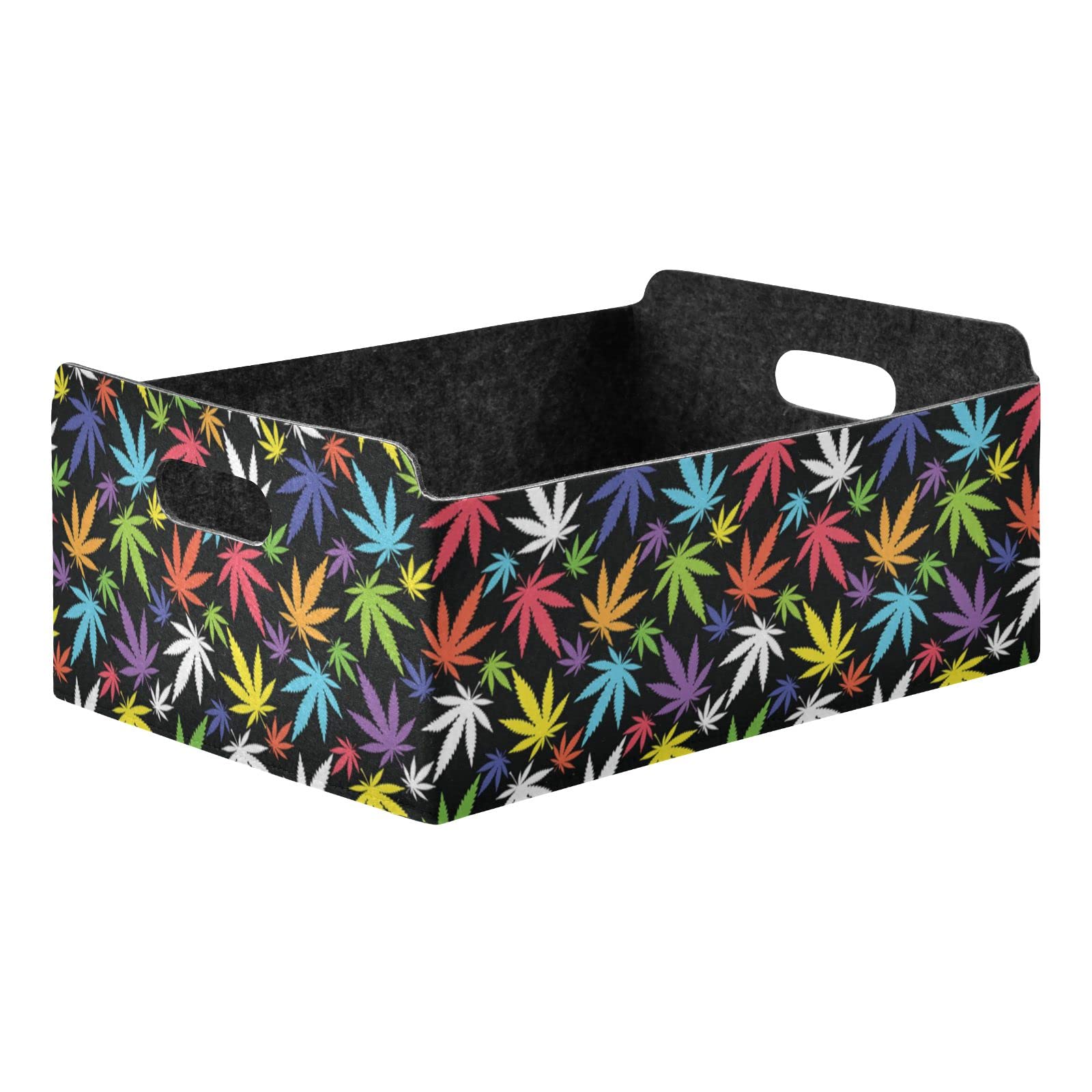 Colorful Cannabis Leaves Black Rectangular Desk Organizer Tray - Felt Cloth Jewelry & Vanity Storage, Detachable Foldable Tray for Counter, Tissues & Valet | Perfect for Home Office & Beauty Organization