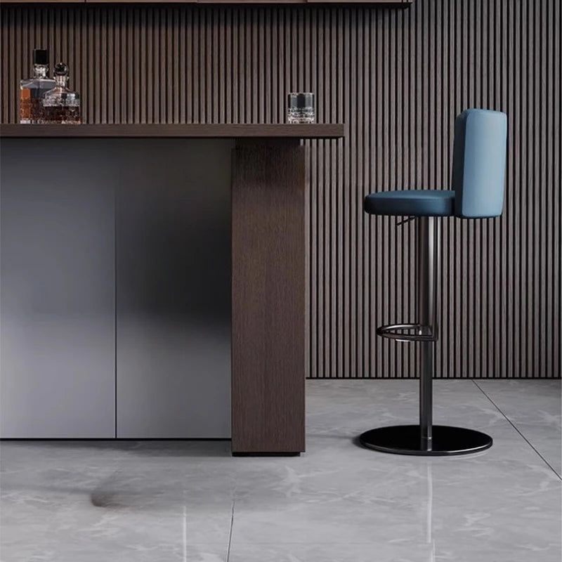Adjustable Leather Bar Stool with Disk Base - Modern Swivel Counter Height Stool for Kitchen Island, Breakfast Nook & Home Bar