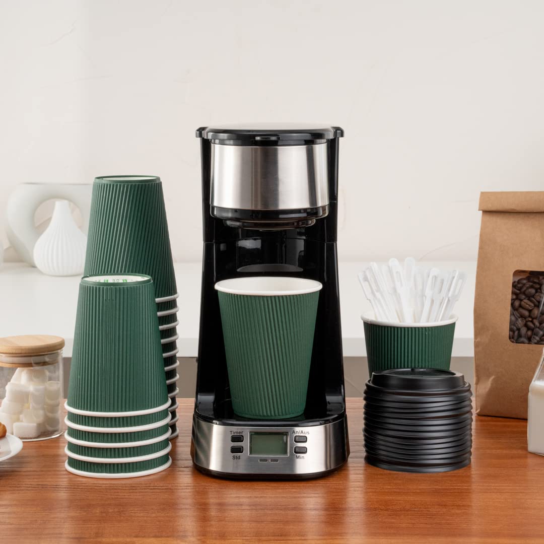 12oz Insulated Coffee Cups with Lids (20 Pack) - Leakproof & Non-Slip Dark Green Disposable Paper Cups for Hot Beverages - Perfect for Coffee, Tea, Hot Chocolate, Lattes in Cafes, Offices, or Home Use