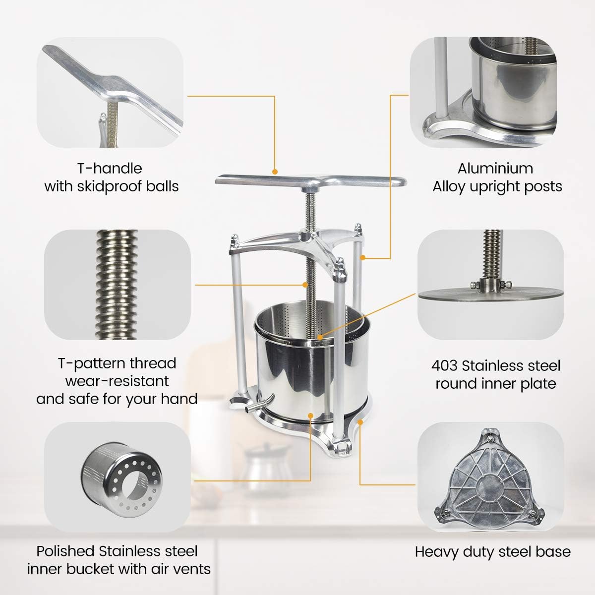 Stainless Steel Fruit Wine Press - 0.8 Gallon for Apple, Carrot, Orange, Berry & Vegetable Juice Making | 100% Natural Juice Extractor for Cheese, Tincture & Herbal Pressing | Perfect for Home Brewing, Winemaking & Healthy Juicing (Silver)