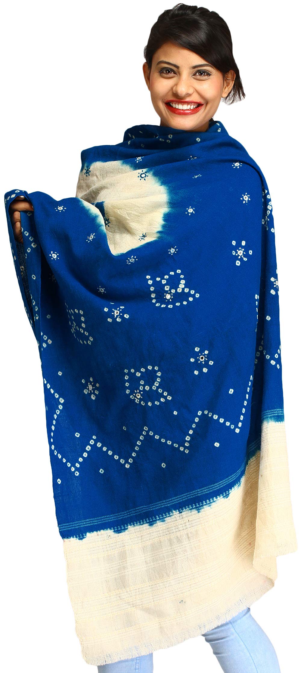 Exotic India Bandhani Tie-Dye Shawl with Embroidered Mirrors - Handmade in Gujarat - Perfect for Boho Fashion, Festivals & Home Decor