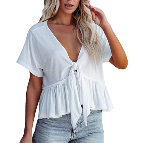 Women's Plus Size Tie Front Deep V Neck Ruffle Hem T-Shirt - Solid White Short Sleeve Peplum Blouse for Casual Wear & Summer Outfits