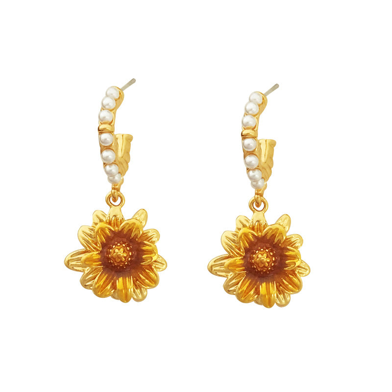 Dainty Sunflower C Hoop Pearl Dangle Earrings for Women | Elegant Floral Jewelry Gift | HE10509 | Perfect for Summer Outfits, Weddings & Boho Fashion